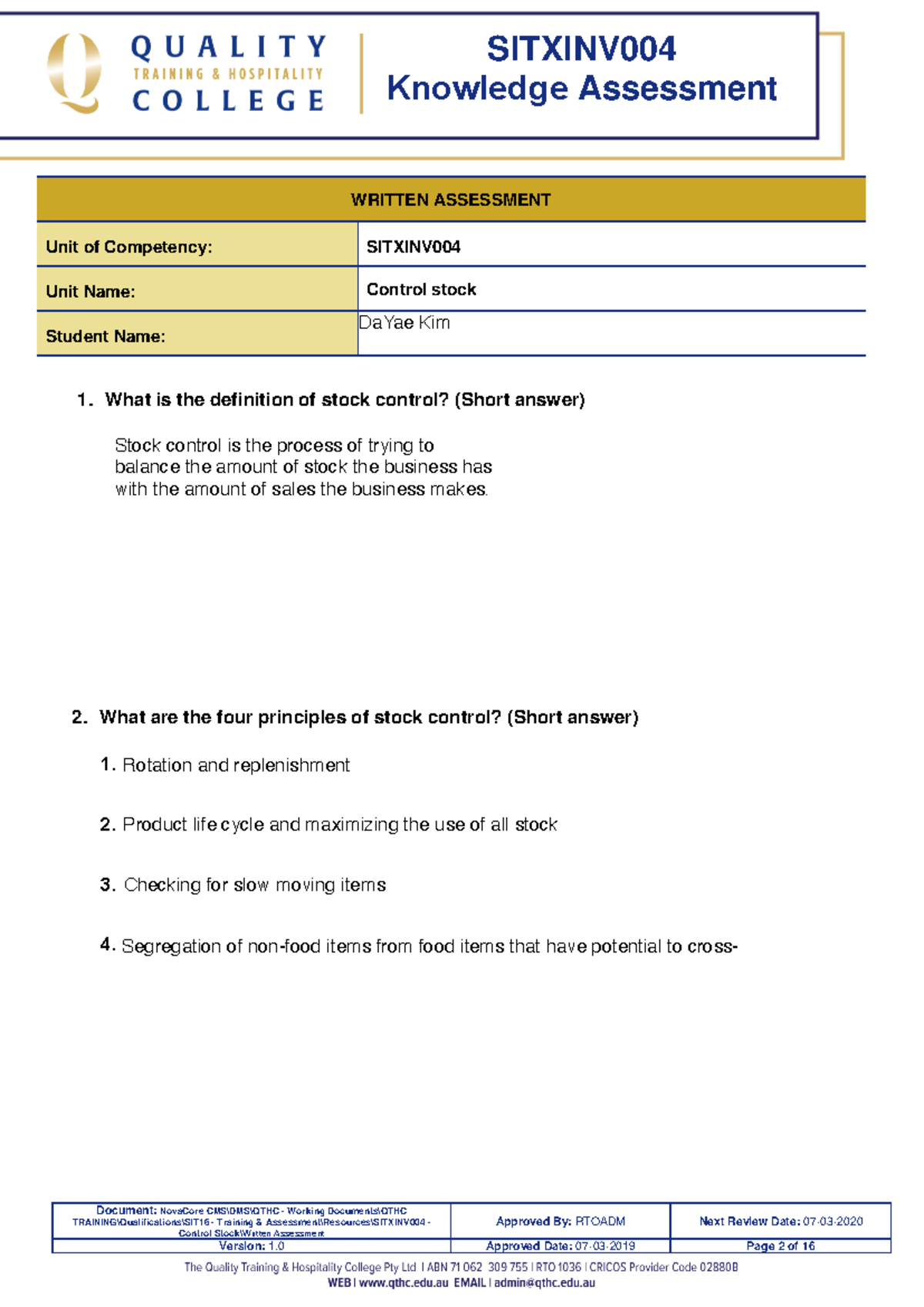 Sitxinv 004 - Control Stock - Knowledge assessment - Document: NovaCore ...