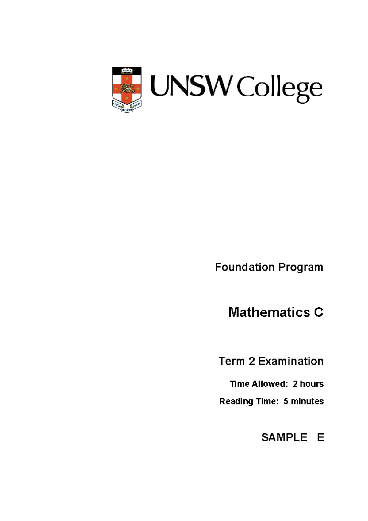 Sample E Term 2 Mathematics Exam: Foundation Program C - Studocu