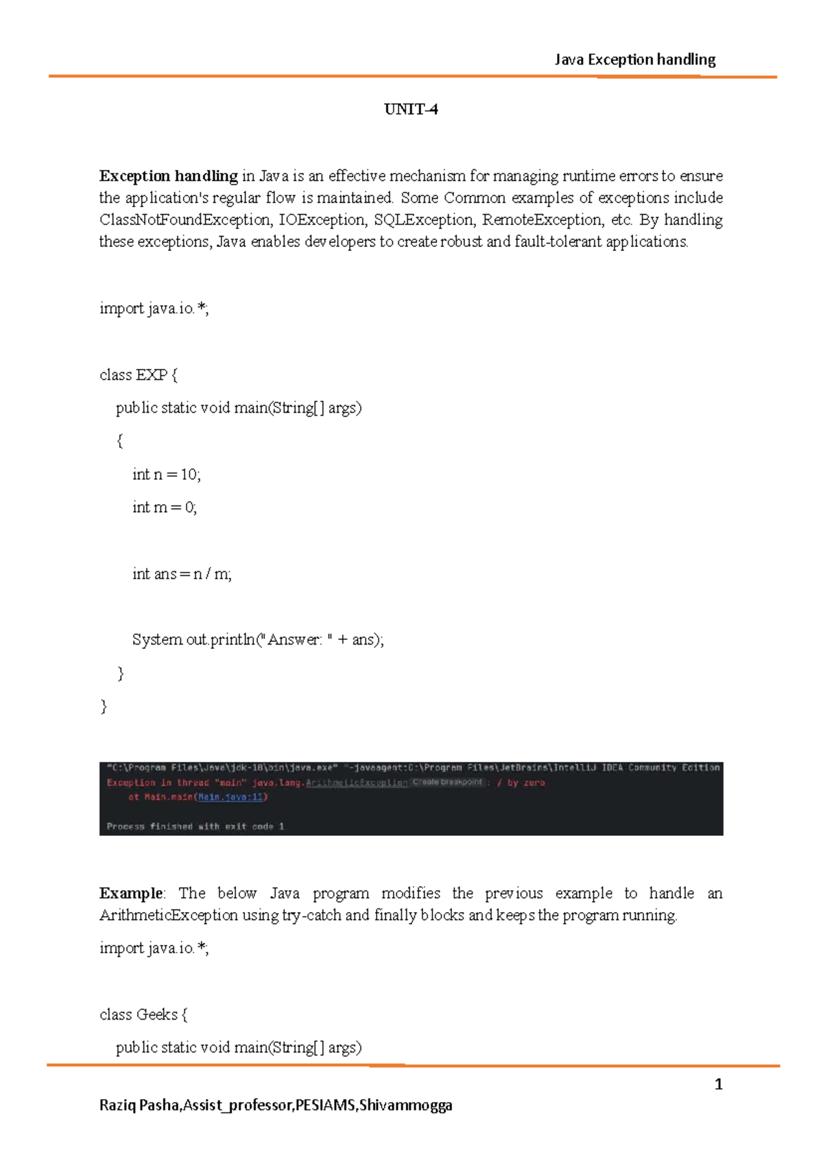 Java UNIT-3: Exception Handling and Multithreading Concepts - Studocu