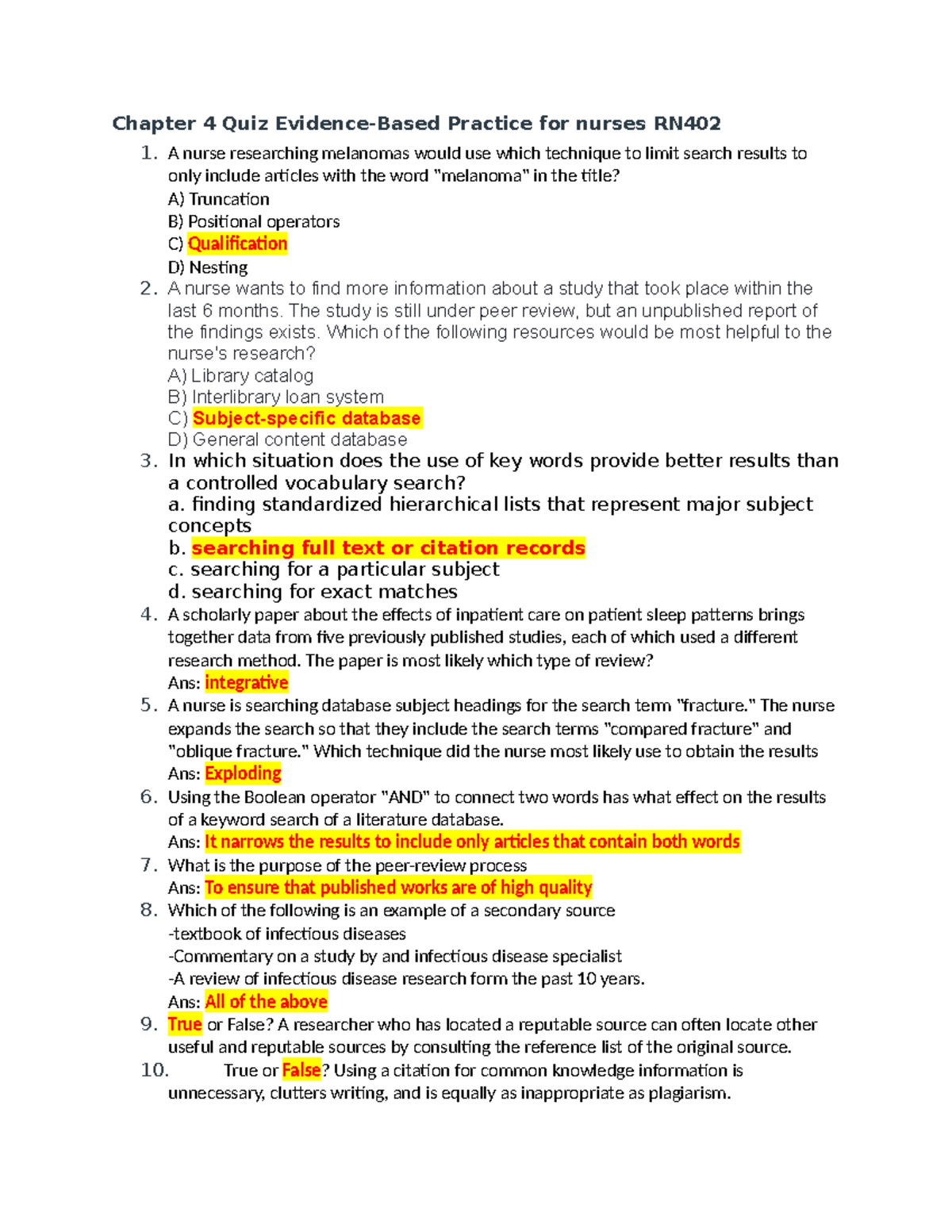 Chapter 4 Quiz: Evidence-Based Practice for Nurses (RN402) - Studocu