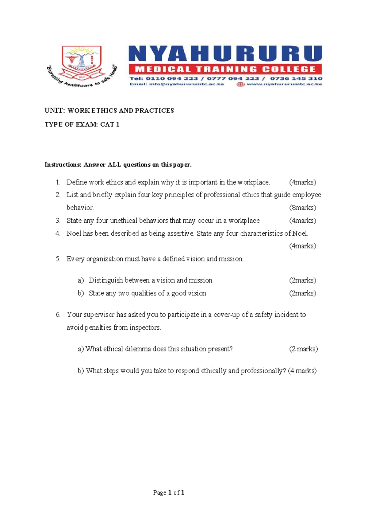 Work Ethics and Practices CAT 1 - Exam Revision Notes - Studocu