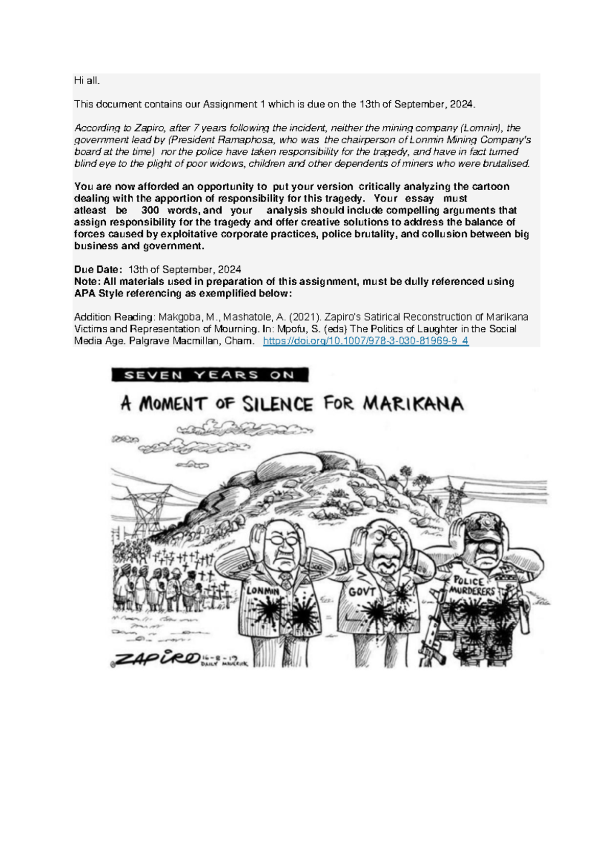 HCCT002 Assignment 1: Critical Analysis of Zapiro’s Cartoon on Tragedy ...