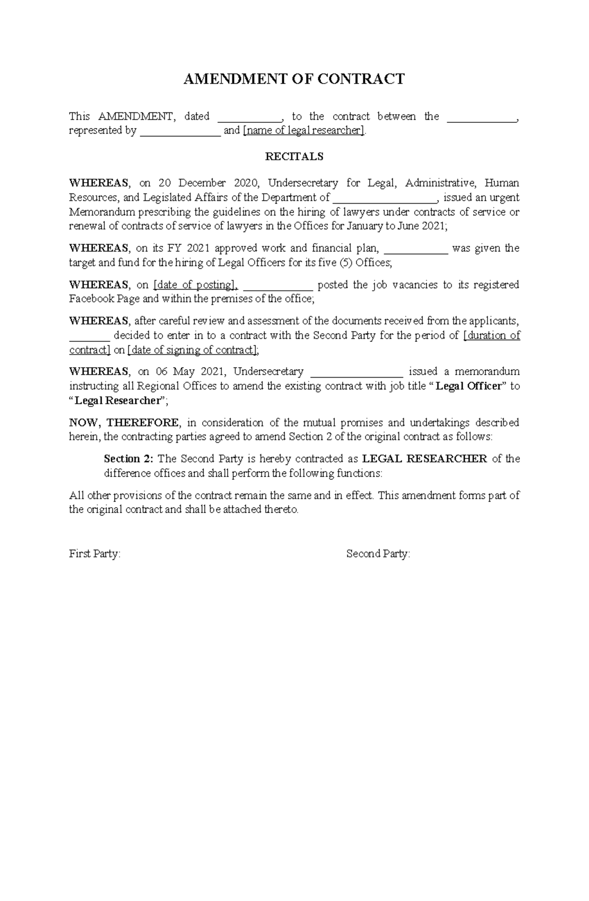 Amendment of Contract for Legal Researcher Role: Guidelines & Details ...