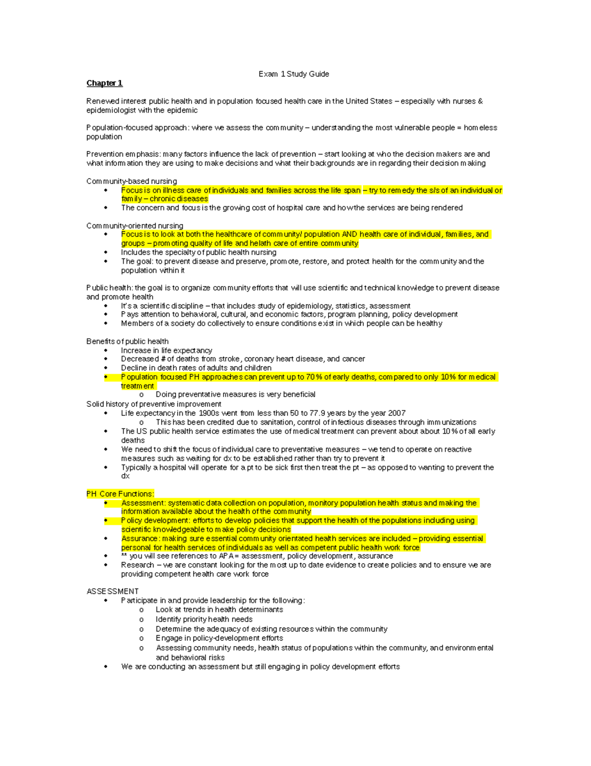 N340 Week 1 Exam 1 Study Guide: Community and Public Health Concepts ...