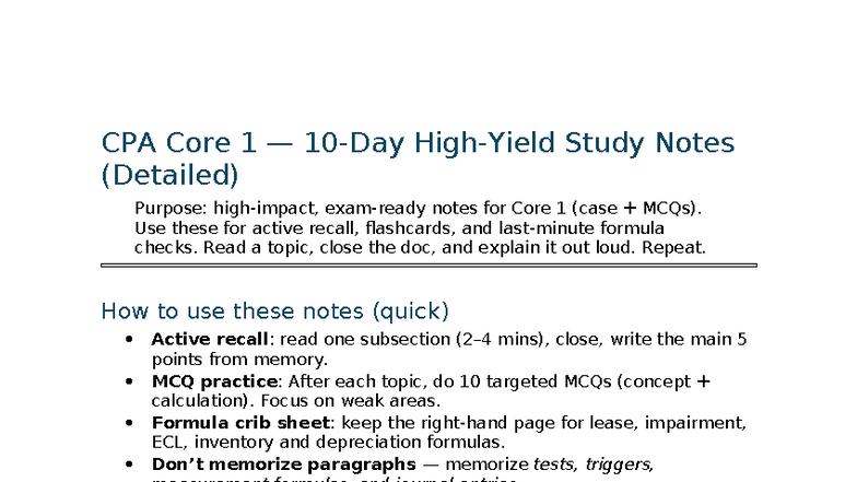 CPA Core 1 - 10-Day High-Yield Study Notes (Detailed) - Studocu