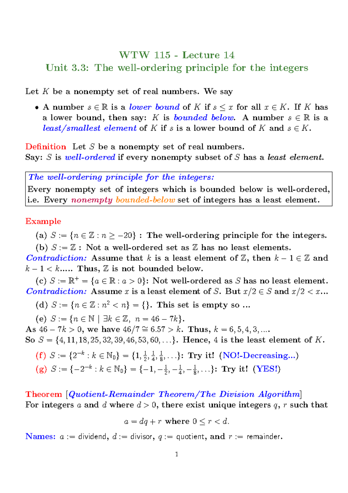 WTW 115 Lecture 14 Unit 3.3: Well-Ordering Principle for Integers - Studocu