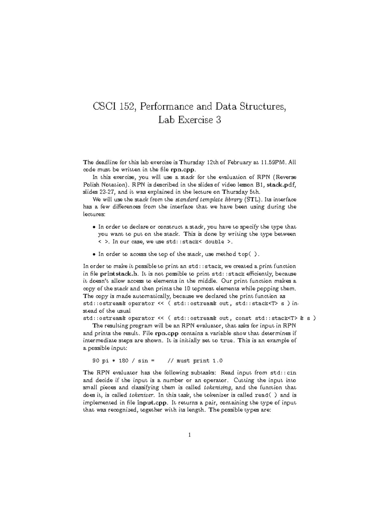 CSCI 152 Lab Exercise 3: RPN Evaluator Implementation - Studocu