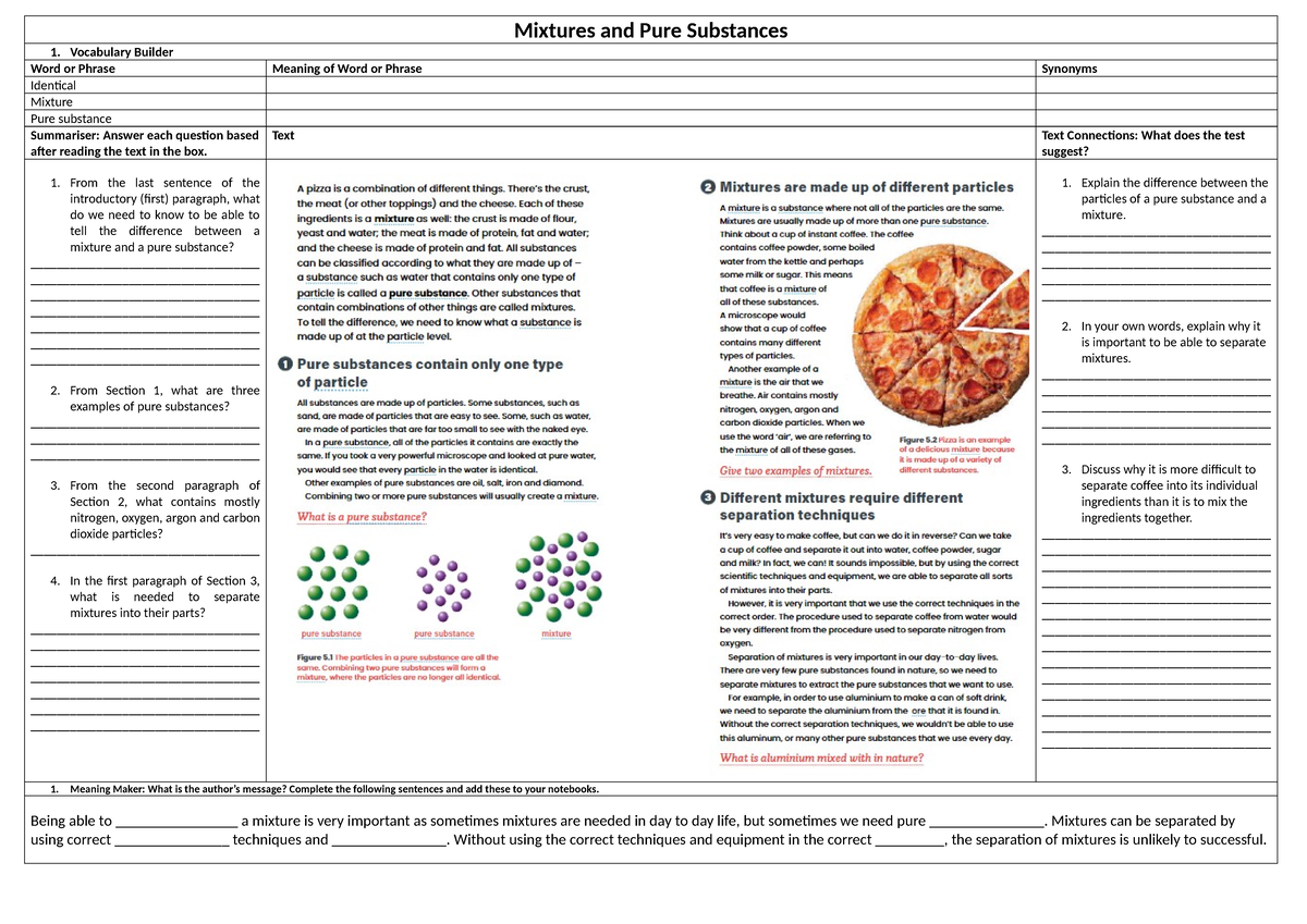 Mixtures and Pure Substances - Lesson 6 - Literacy activity - Mixtures ...