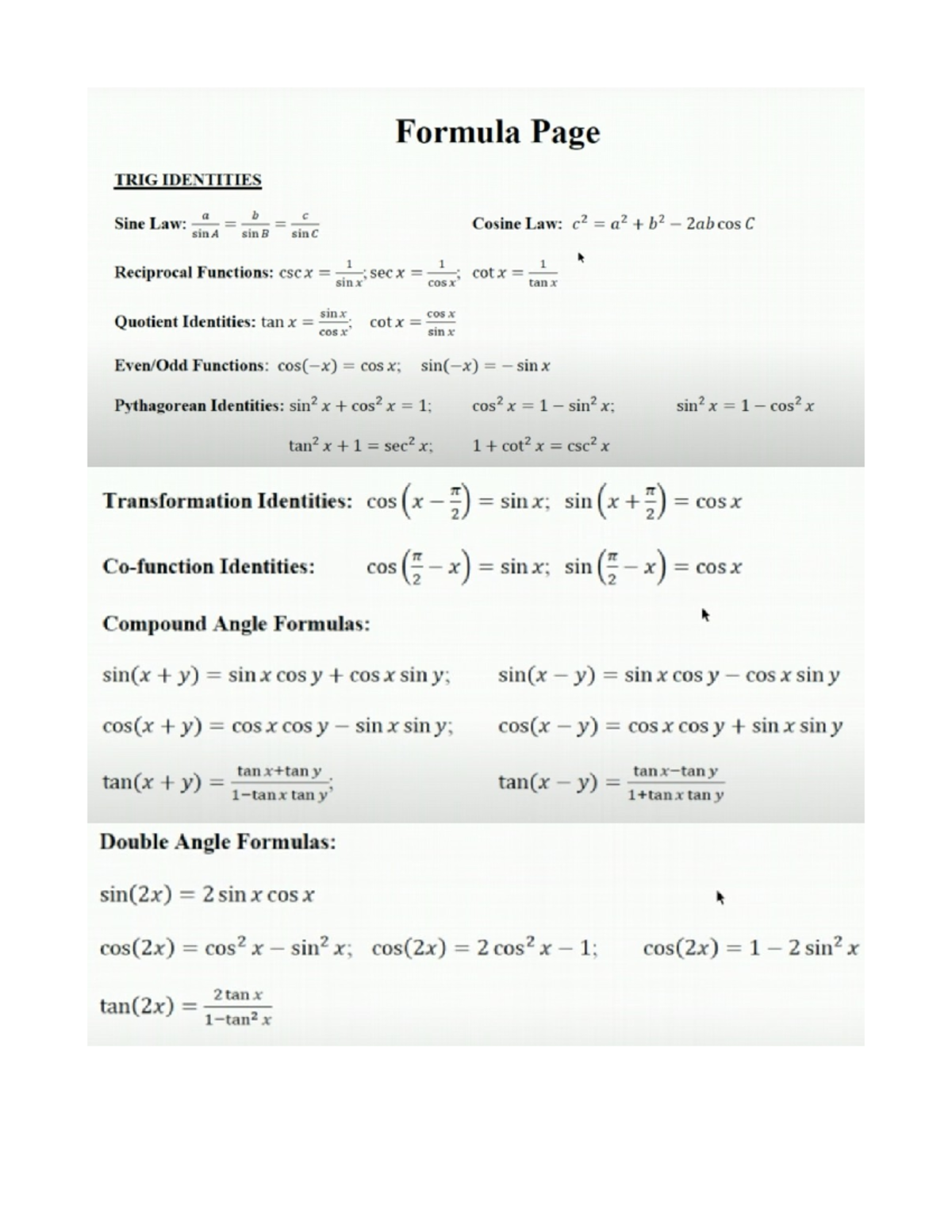 Trig Formula Sheet Grade 12