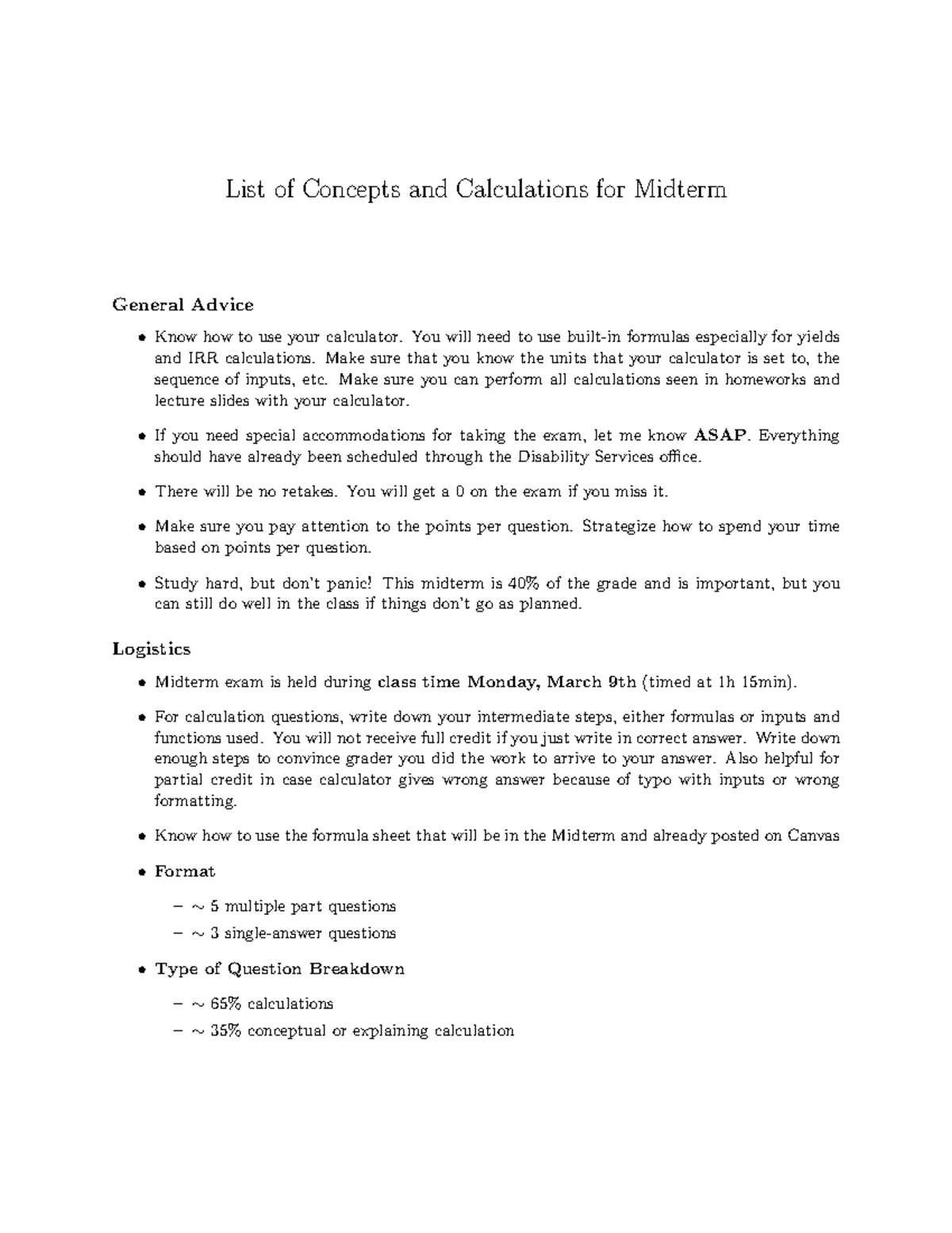 Midterm Exam Study Guide: Key Concepts & Calculations for S 26 - Studocu