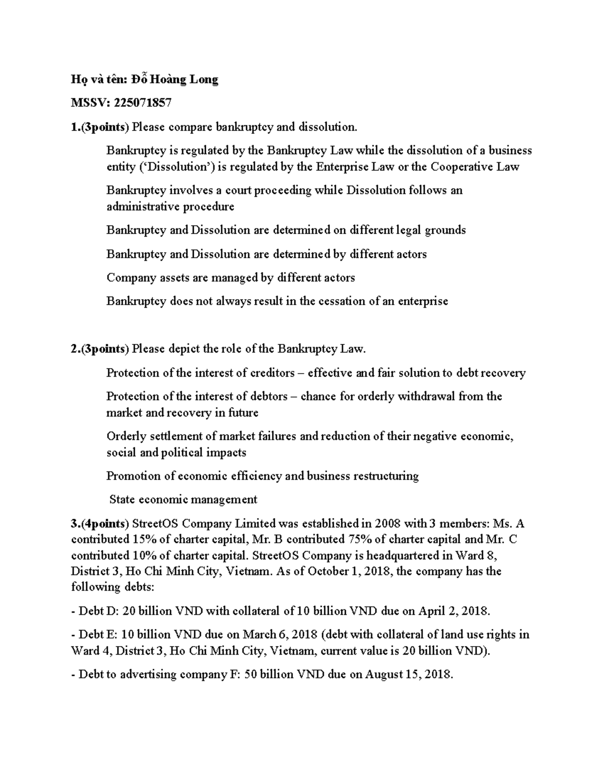 Bankruptcy Evaluation Assessment Test (Course Code: LAW101) - Studocu