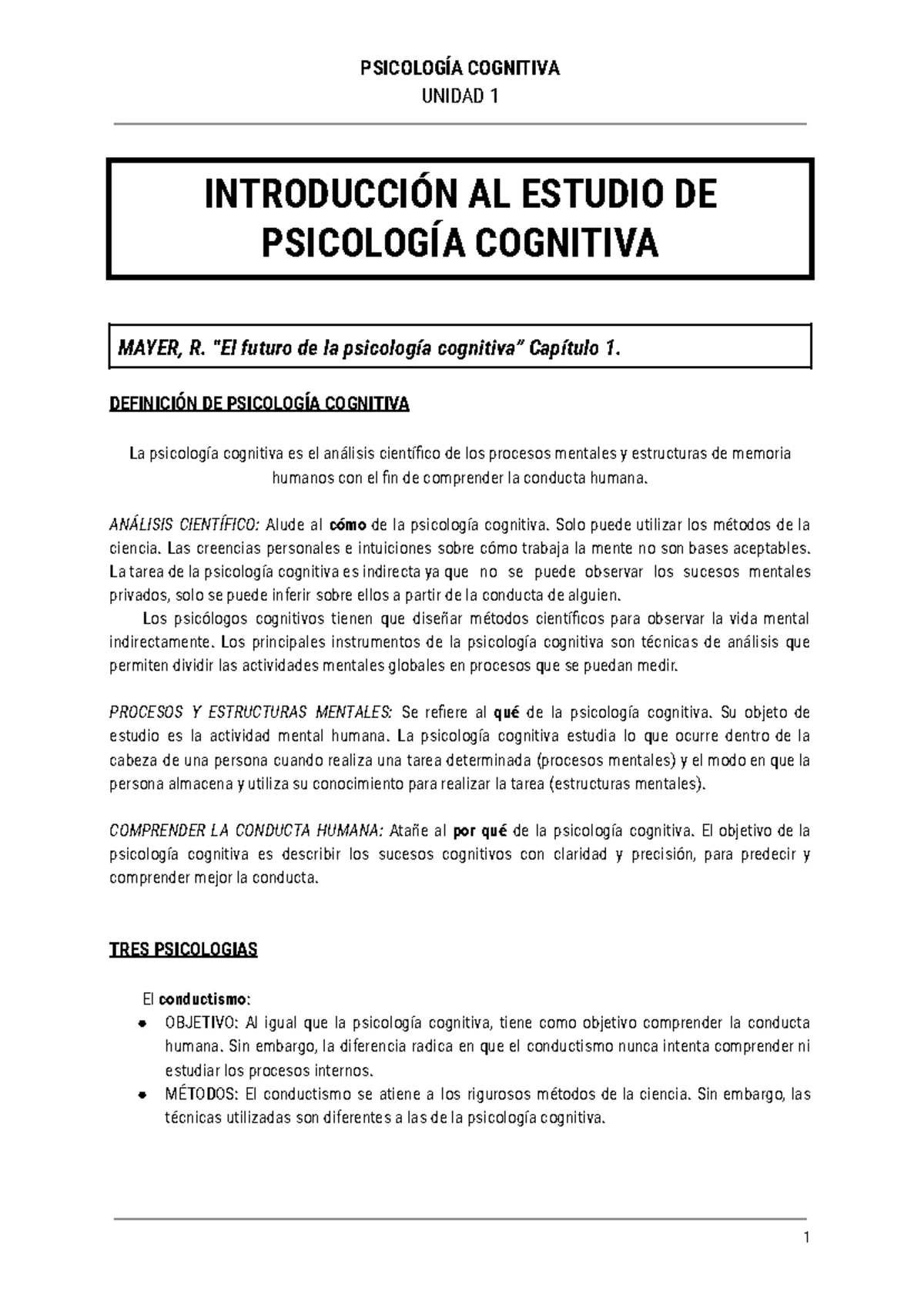 PSIC 101 - Unidad 1: Introducción a la Psicología Cognitiva - Studocu
