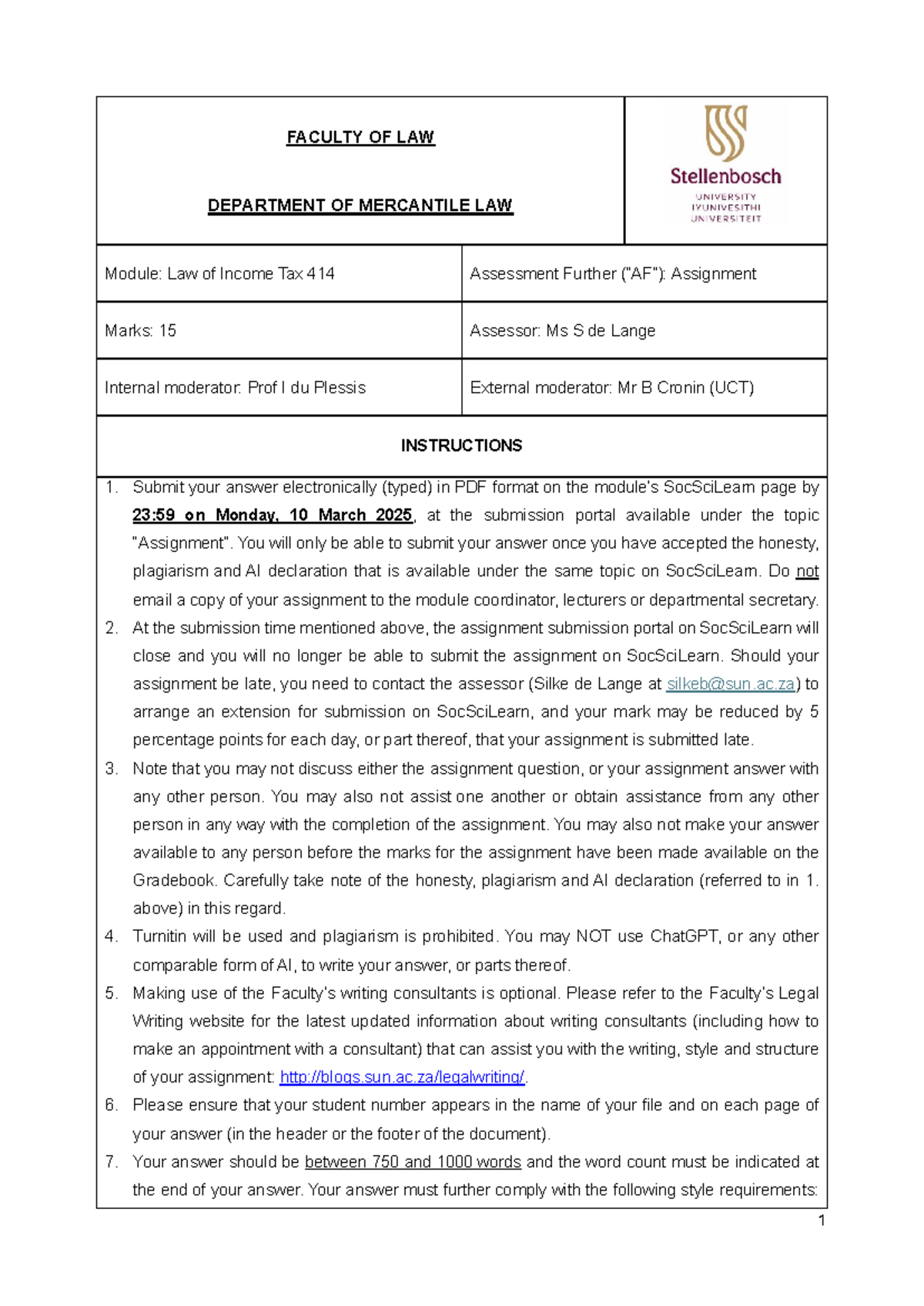 Law of Income Tax 414 AF: Assignment Submission Guidelines & Details ...