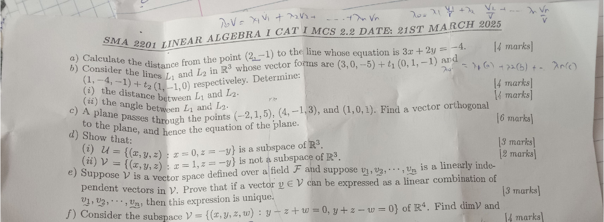 Linear algebra 1 cat 1 - V2 in Vn An Vn V SMA 2201 LINEAR ALGEBRA I CAT ...