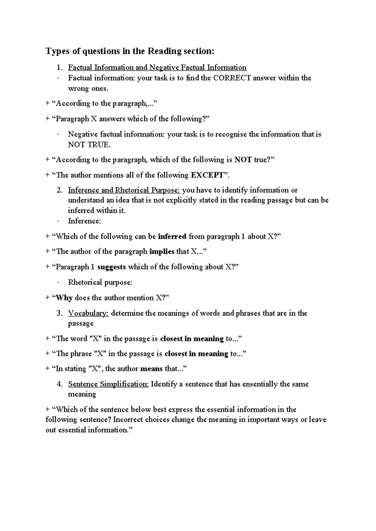 Types of questions in the Reading section - Types of questions in the ...