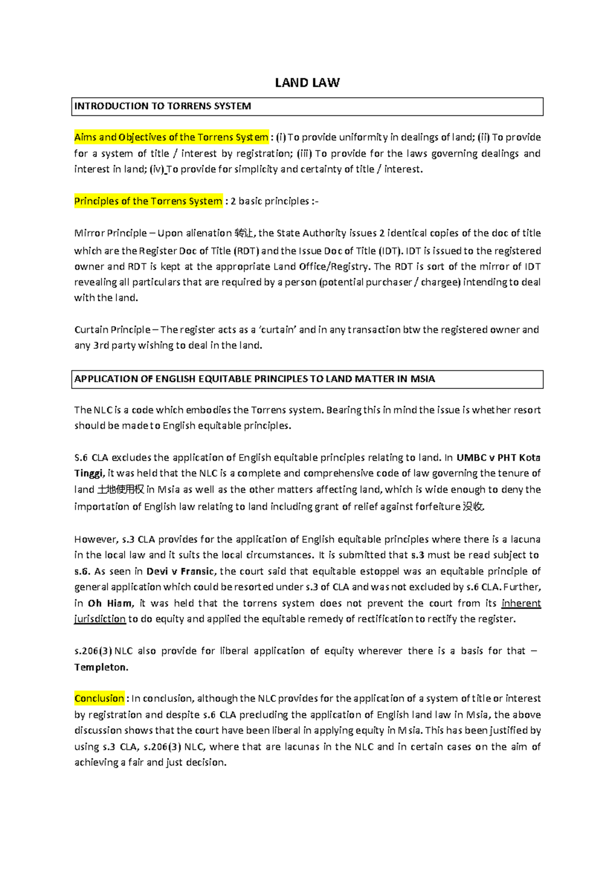 Land Law - Indefeasibility and the Torrens System Applications - Studocu