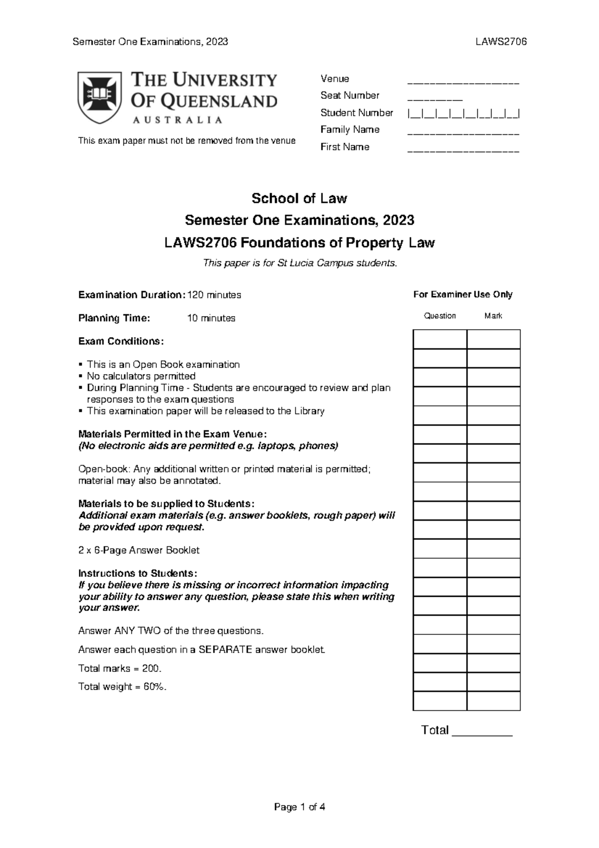 LAWS2706 Semester One Final Exam 2023: Foundations of Property Law ...