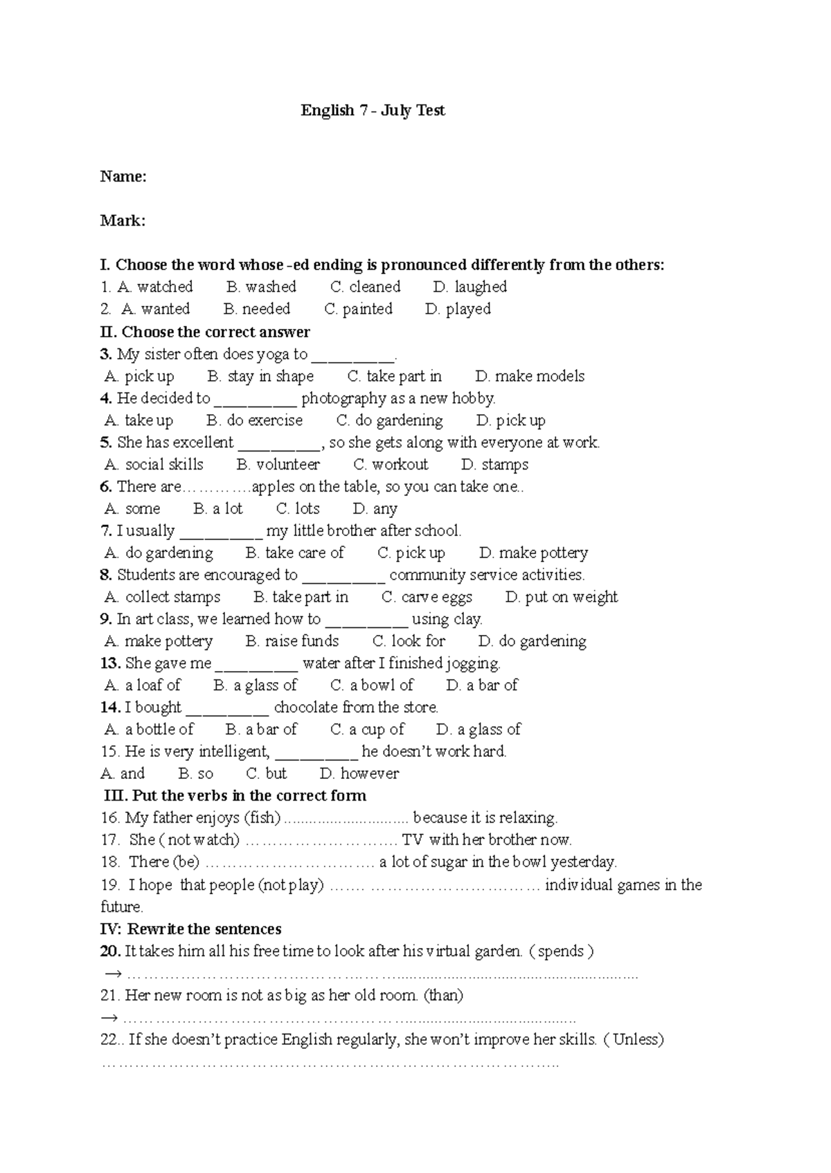 English 7 - July Test: Pronunciation & Grammar Exercises - Studocu