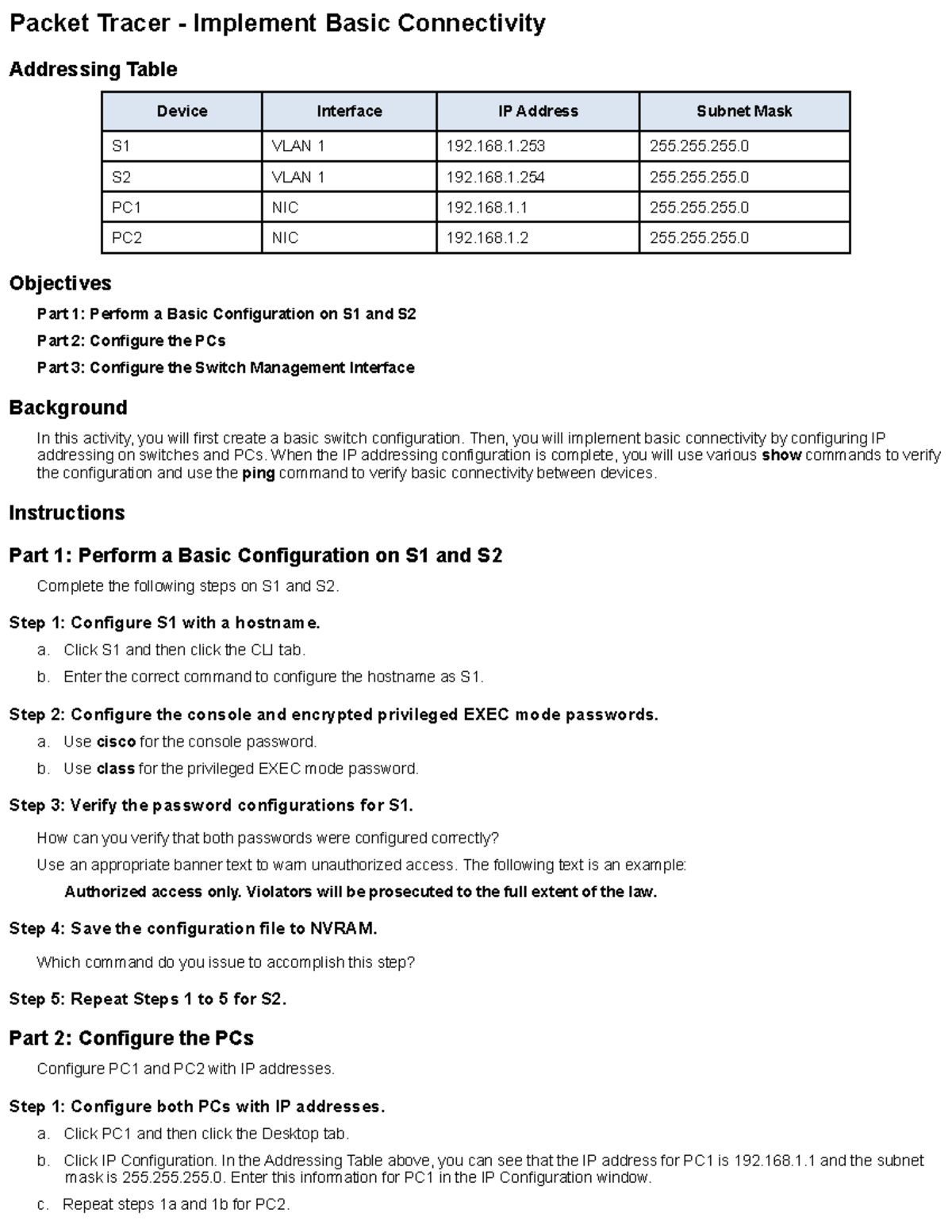 123 - iyyity - Packet Tracer - Implement Basic Connectivity Addressing ...