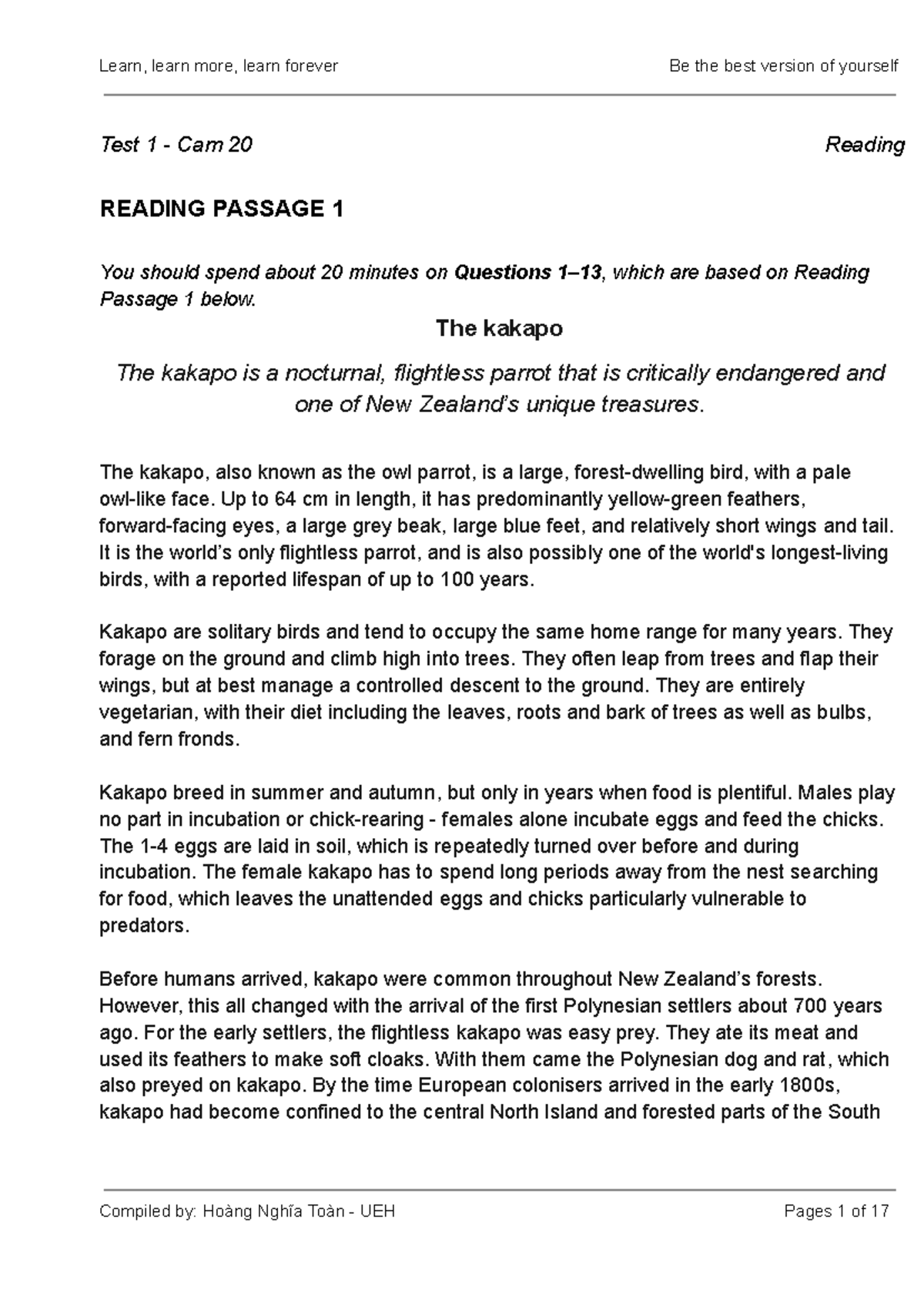 Test 1 Reading Passage (Cam 20) - Understanding the Kakapo and Elm ...