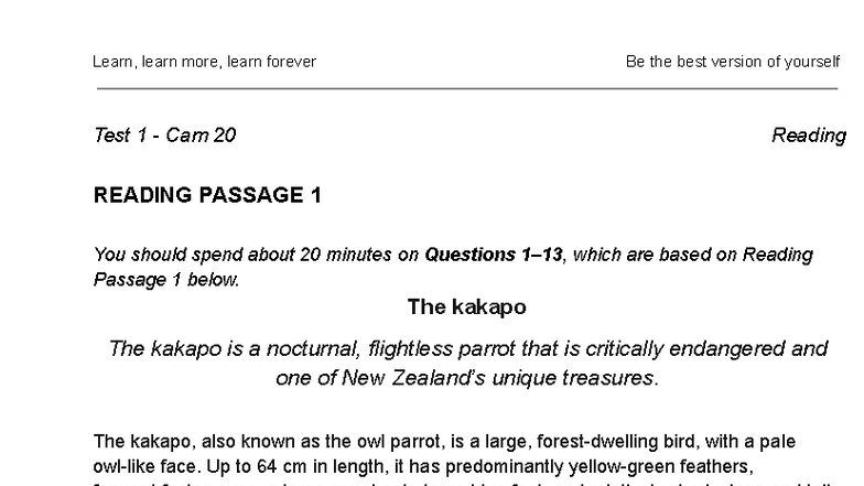 Test 1 Reading Passage (Cam 20) - Understanding the Kakapo and Elm ...