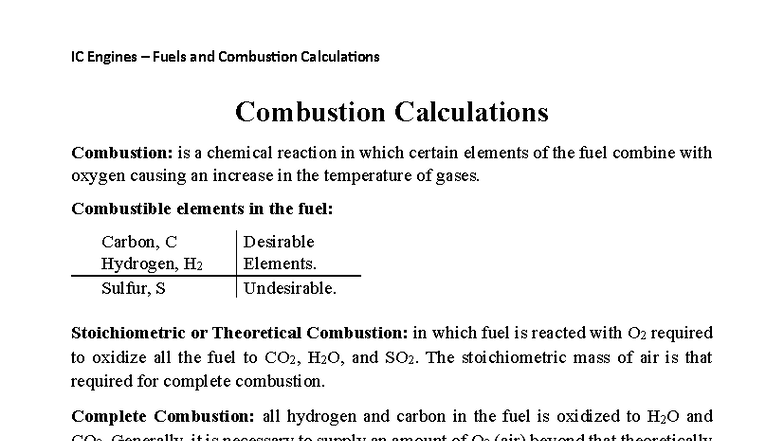 IC Engines (ENGG 4-2) Combustion Calculations Overview 2024 - Studocu