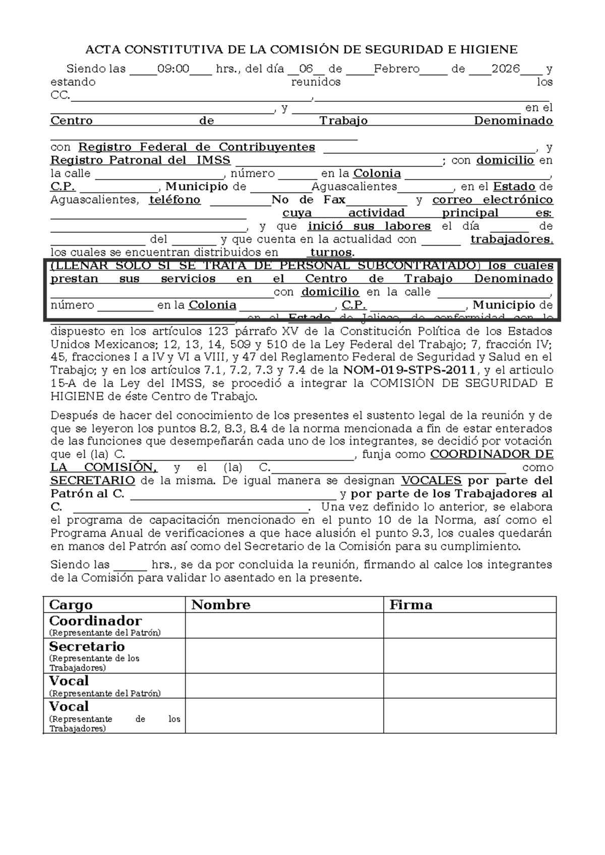 ACTA CONSTITUTIVA DE LA COMISIÓN DE SEGURIDAD E HIGIENE - Studocu