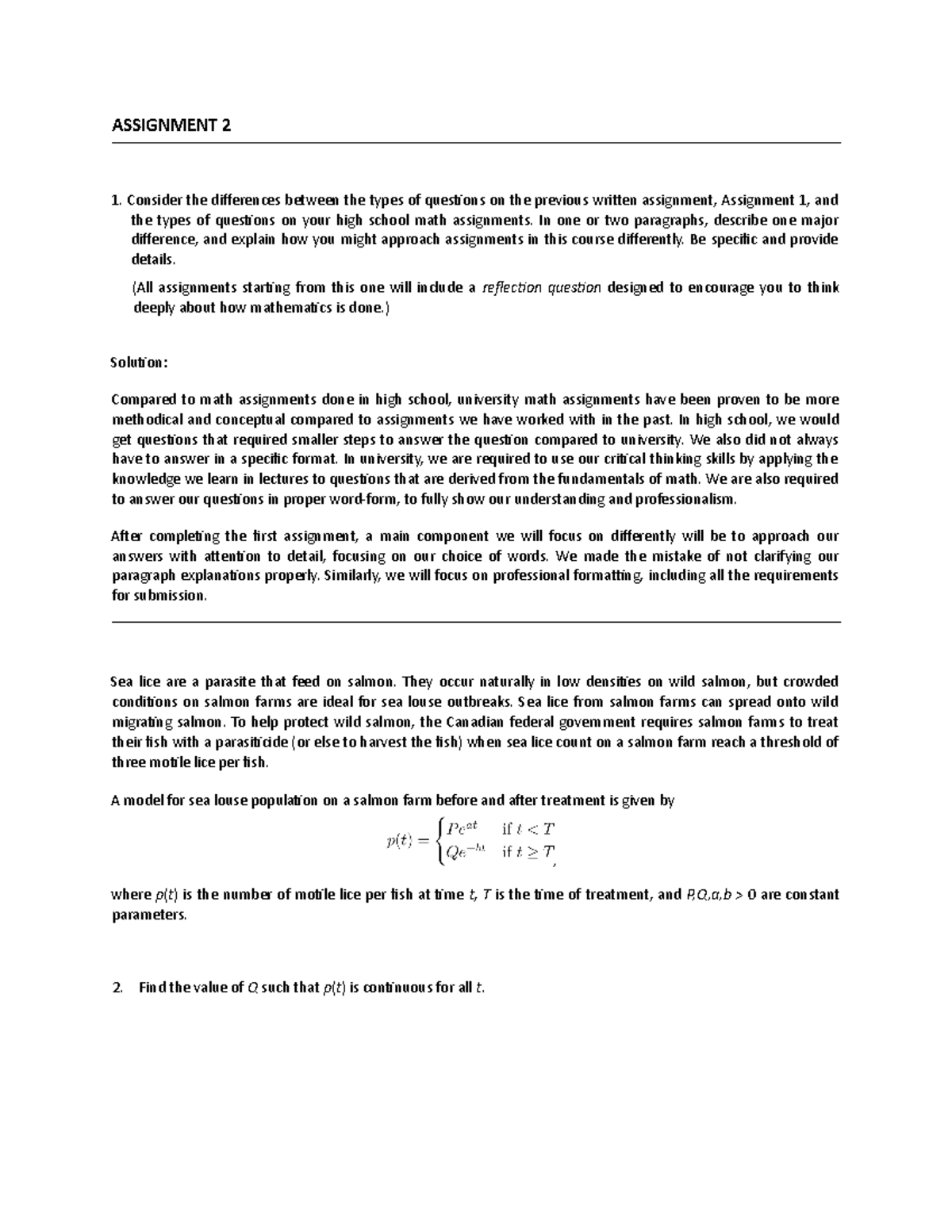 Mathematics 202: Assignment 2 Reflection & Sea Lice Population Model ...