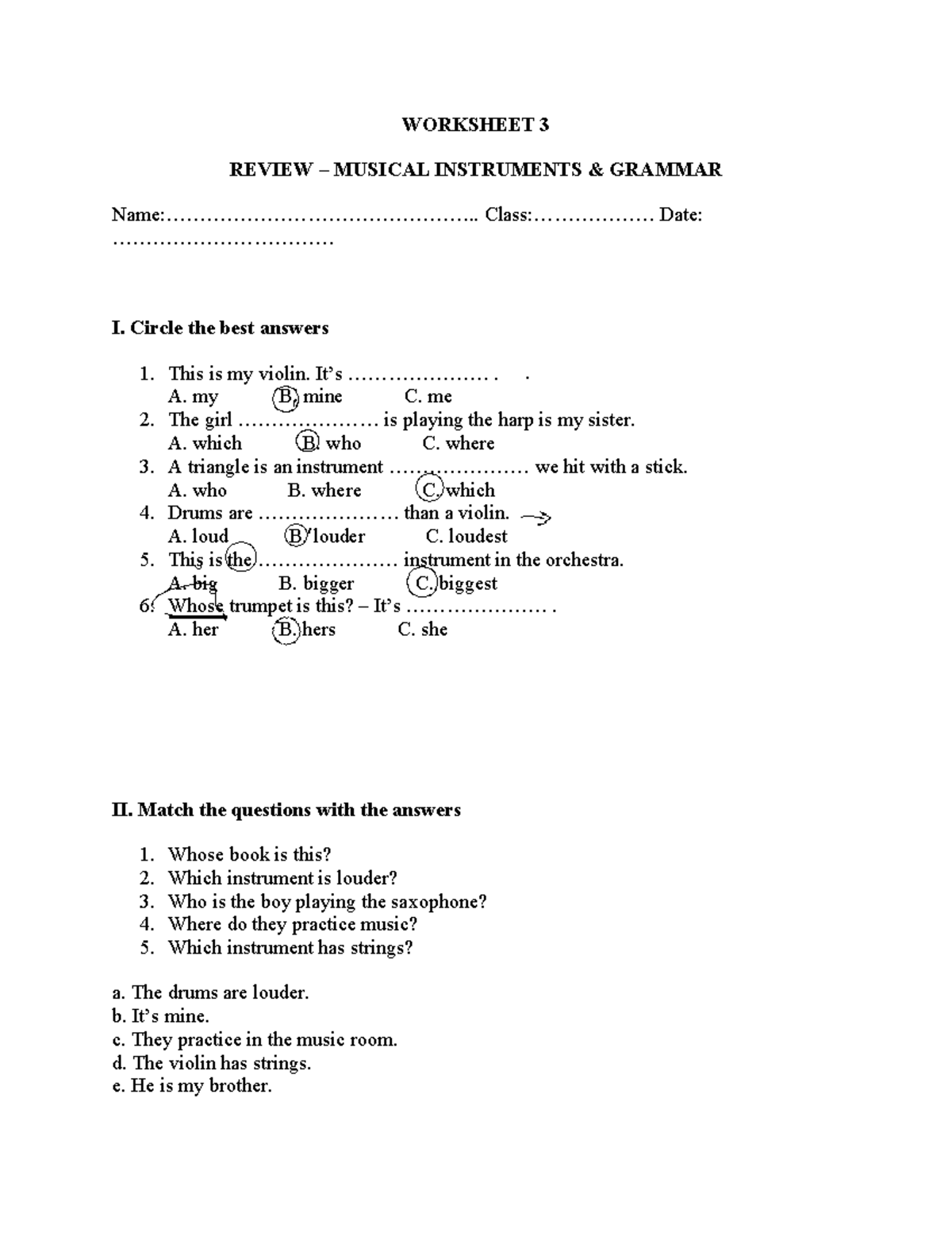 Worksheet 3 Review: Musical Instruments Grammar - English 4 - Studocu