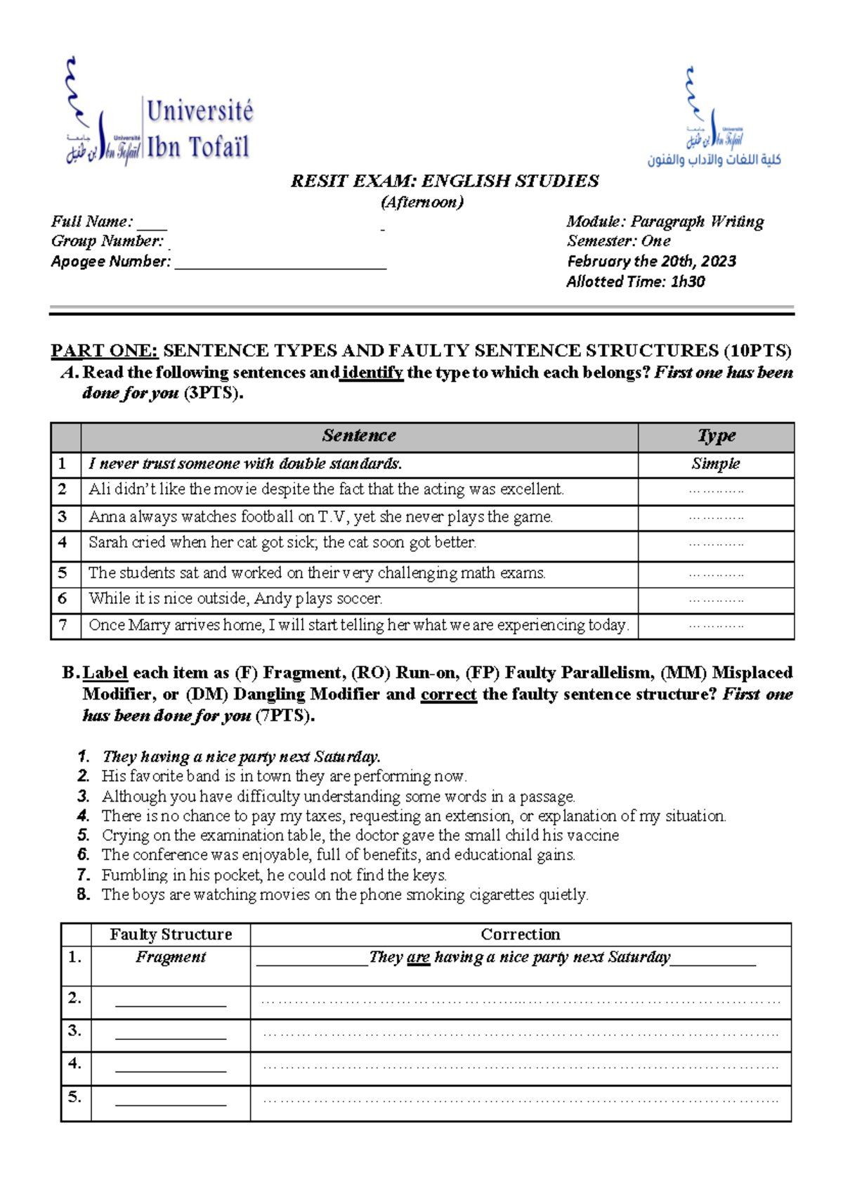 ENG101 Resit Exam: Sentence Types & Faulty Structures Guide - Studocu