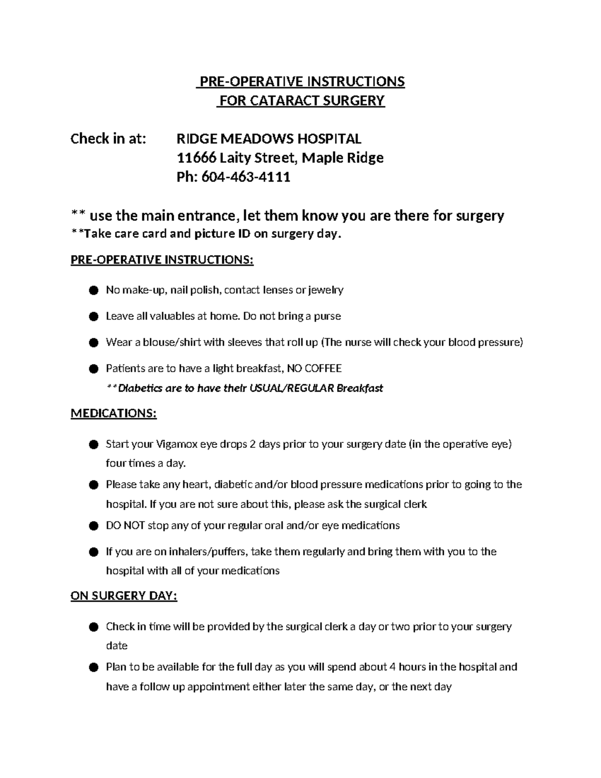 RMH Cataract Surgery Instructions: Pre & Post-Op Guidelines - Studocu