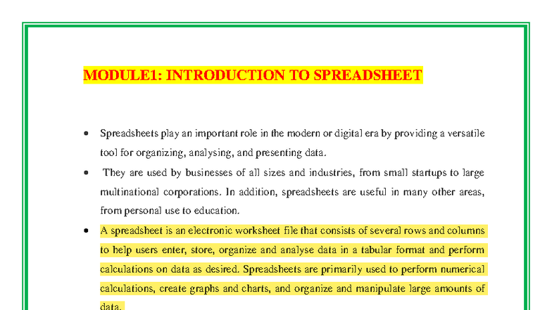 SEC Module 3 bca - MODULE1: INTRODUCTION TO SPREADSHEET Spreadsheets ...