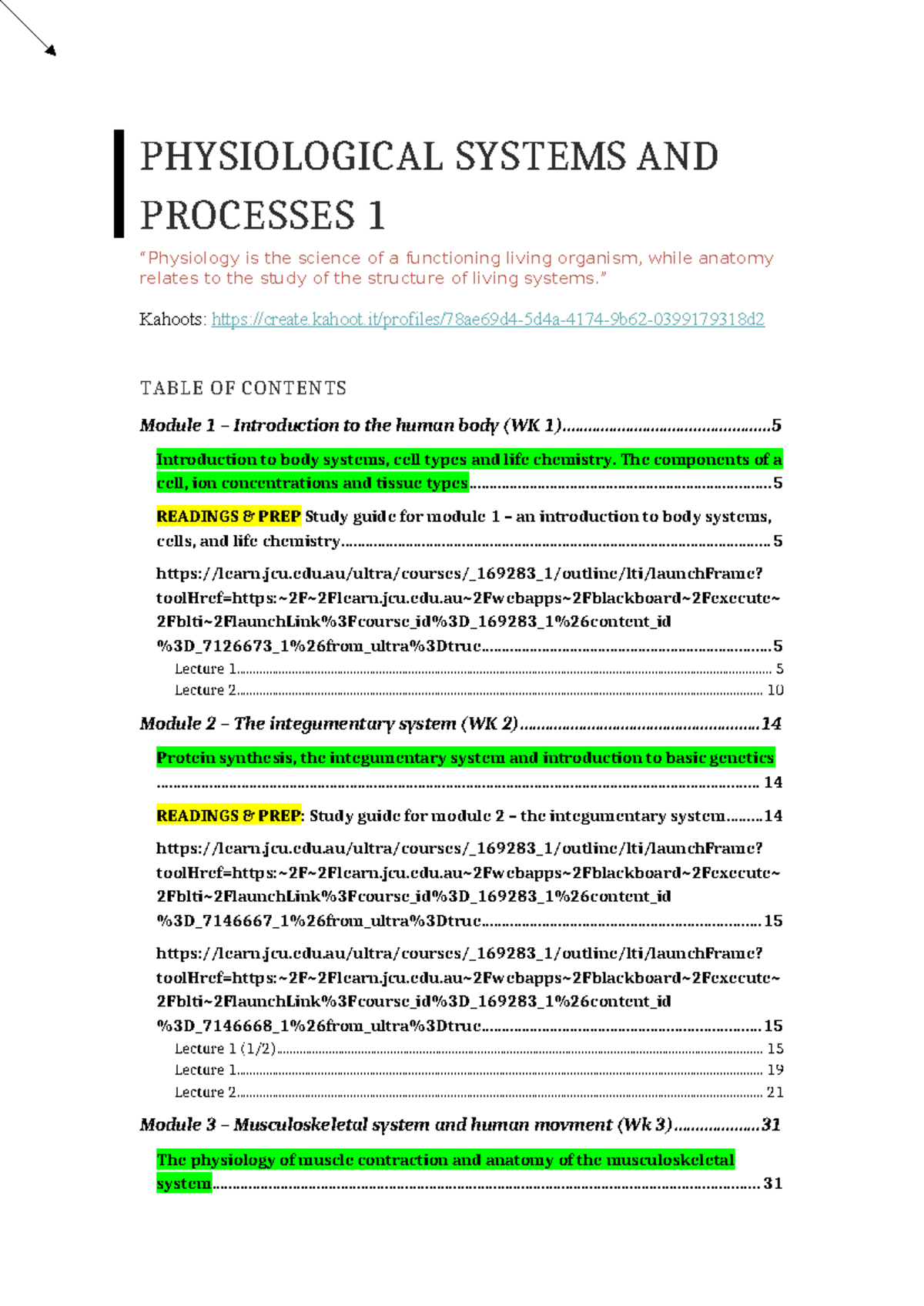 BM1011 Module Overview and Learning Outcomes in Human Physiology - Studocu