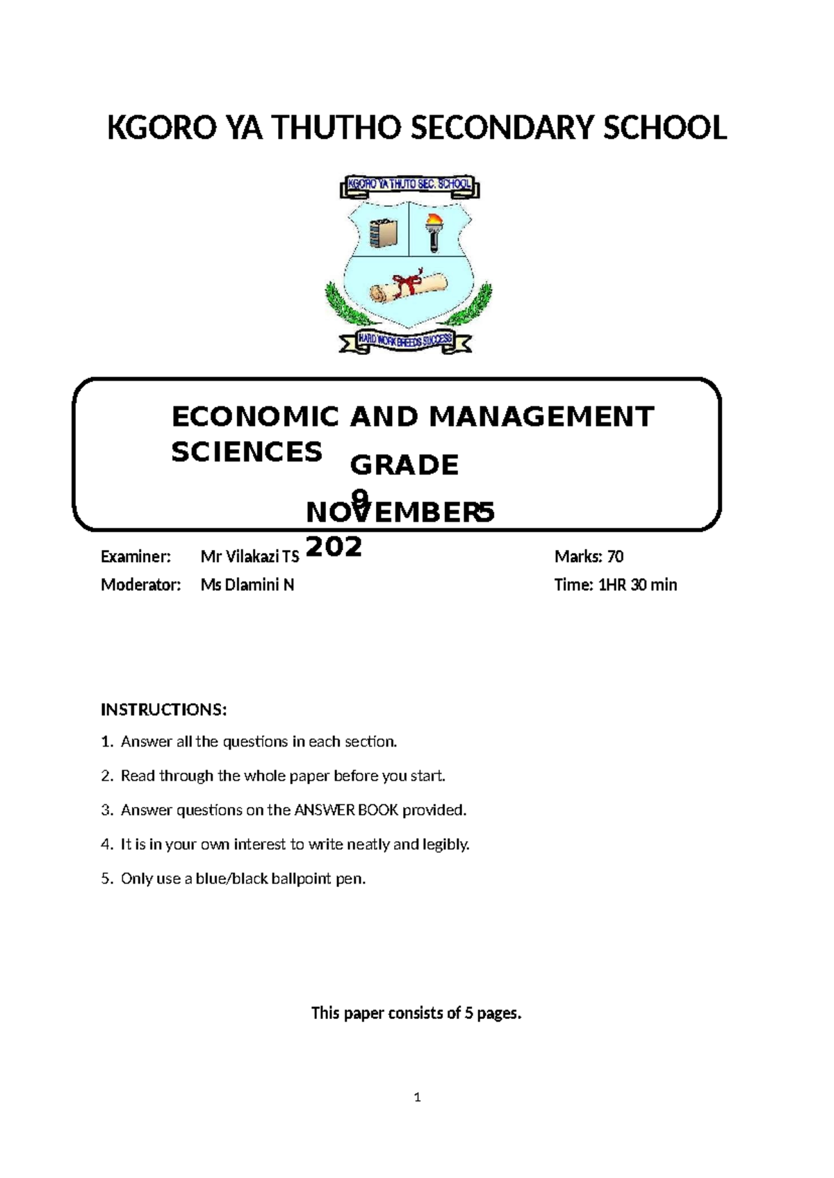 KGORO YA THUTHO EMS GRADE 9 NOVEMBER 2023 EXAM PAPER - Studocu