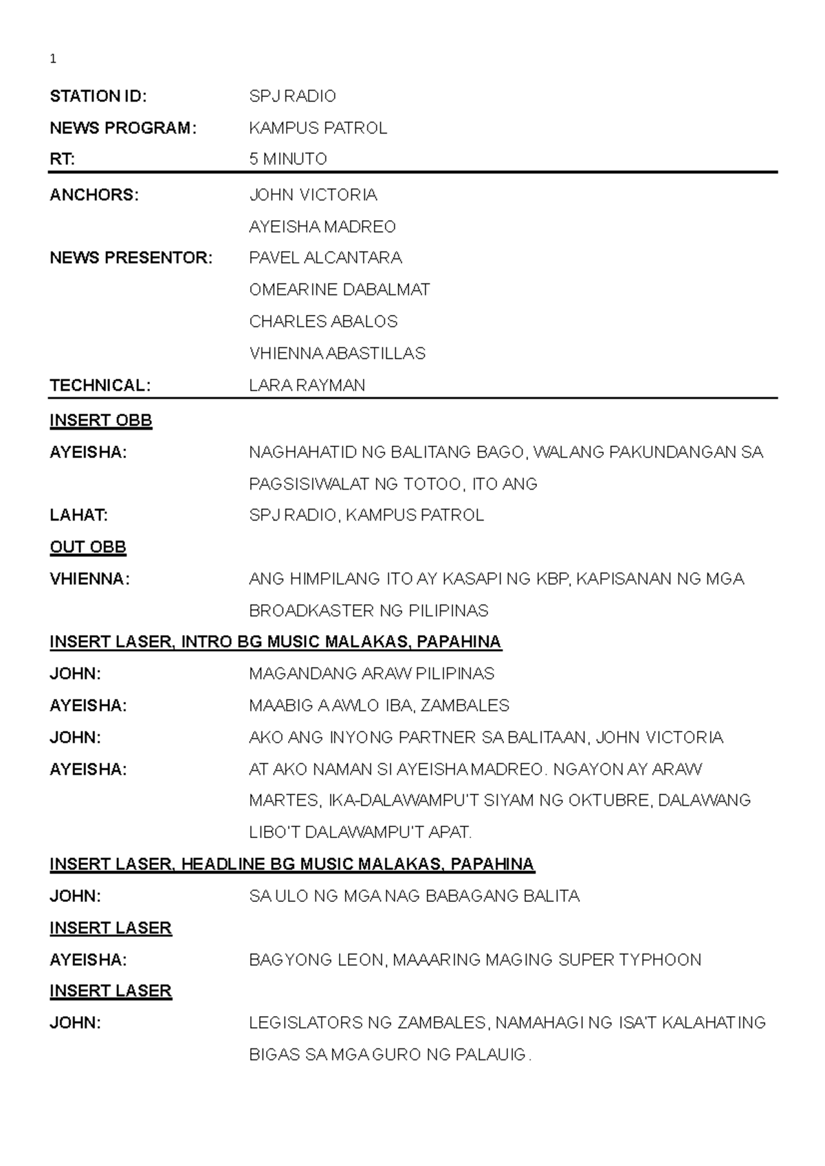 ZR Radio Script - STATION ID: SPJ RADIO NEWS PROGRAM: KAMPUS PATROL RT ...
