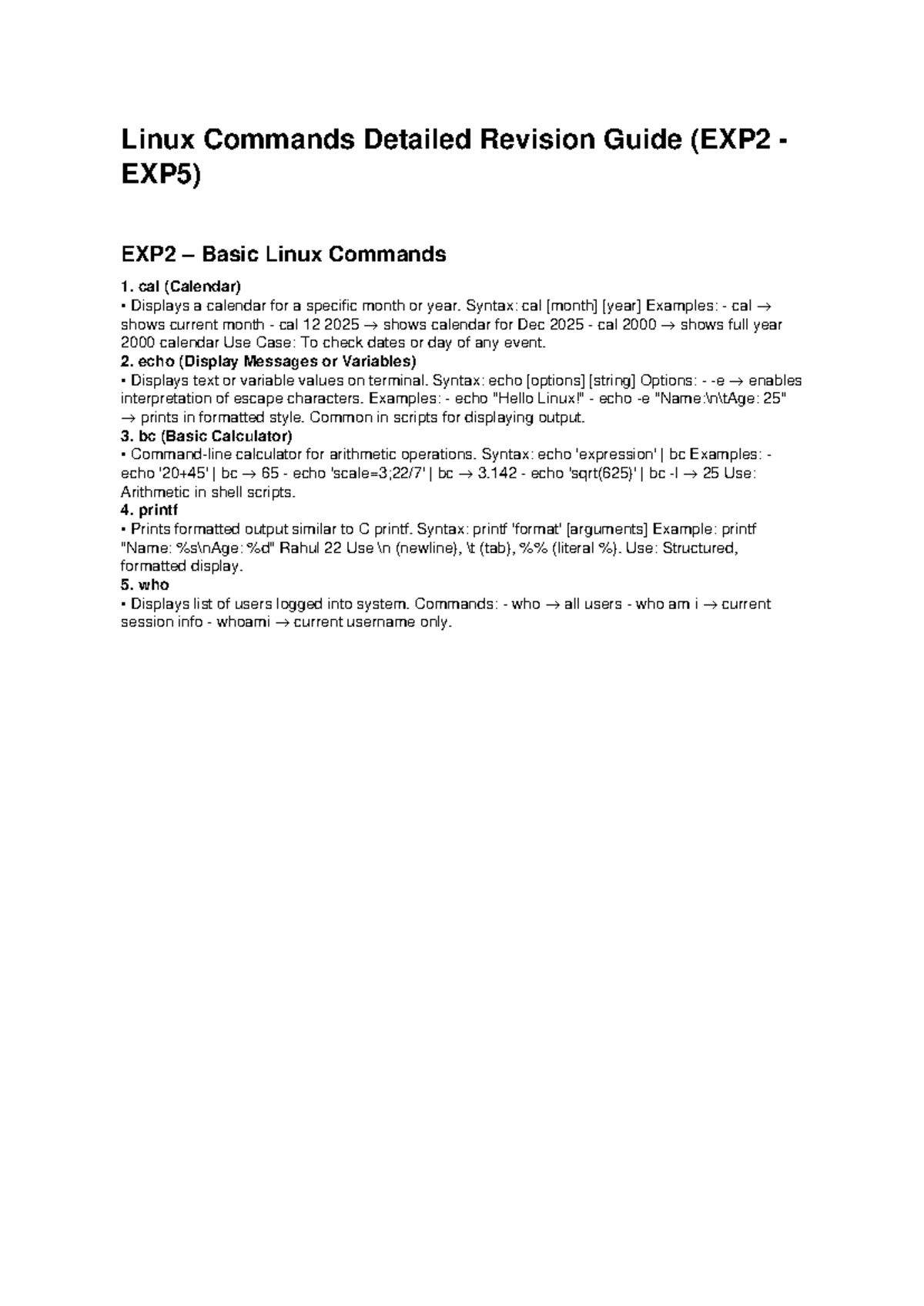 Linux Commands Revision Guide (EXP2 EXP5) - Studocu