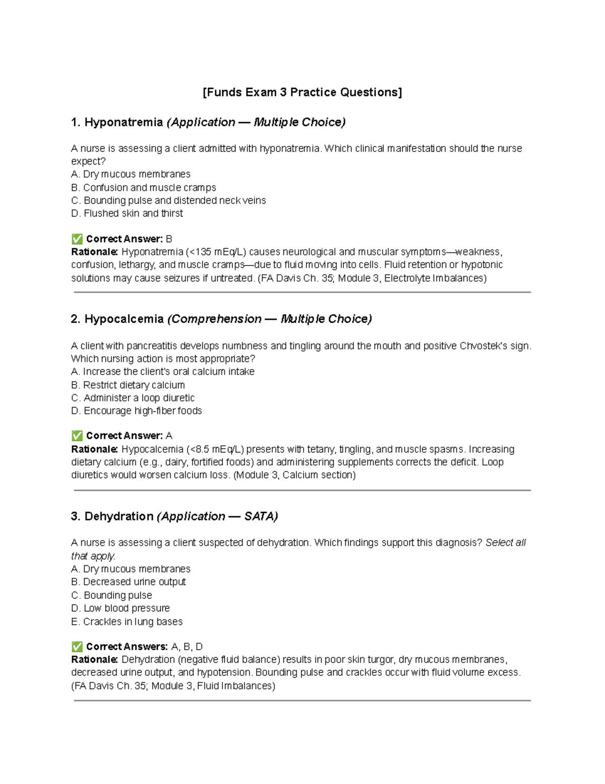 Funds NUR 101 Exam 3 Practice Questions on Fluid & Electrolyte ...