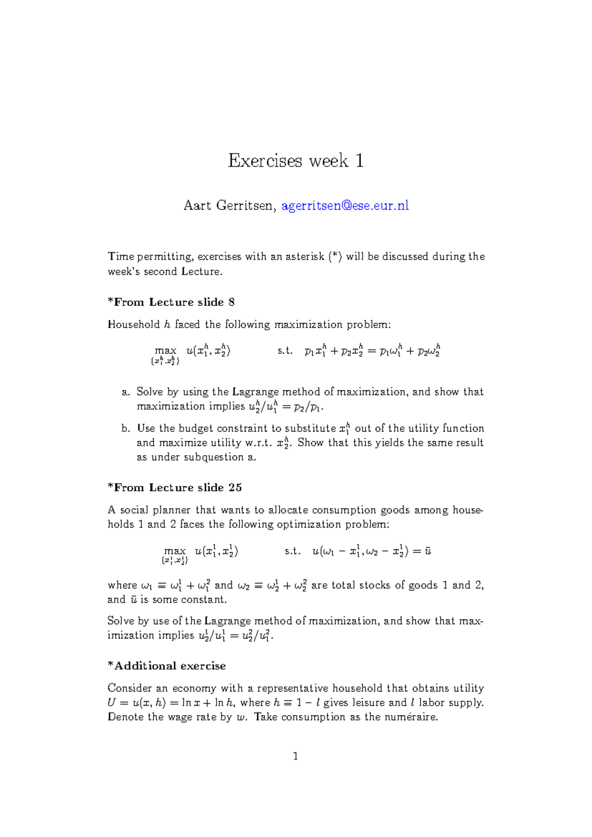 Exercise W1 - Maximization Problems in Economics - Studeersnel