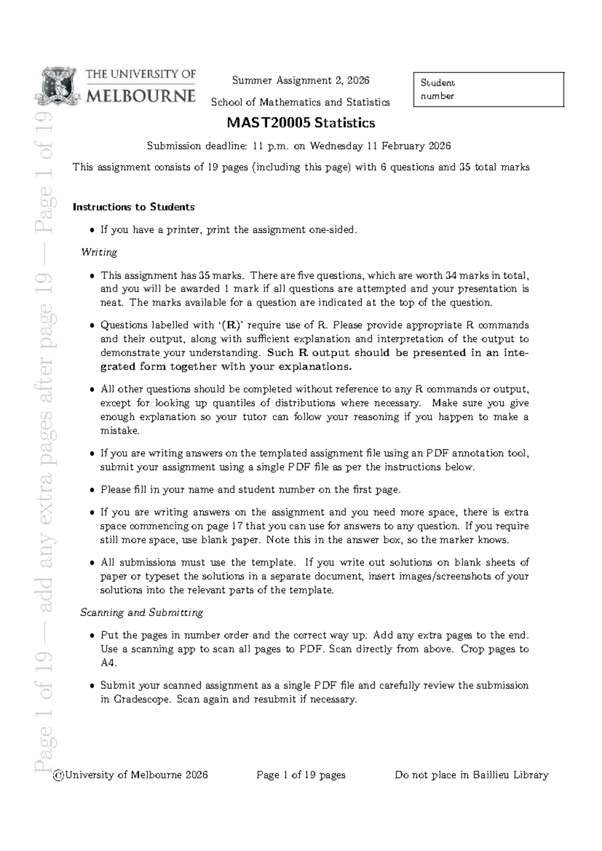 MAST2000 Summer Assignment 2: Statistics Analysis 2026 - Studocu