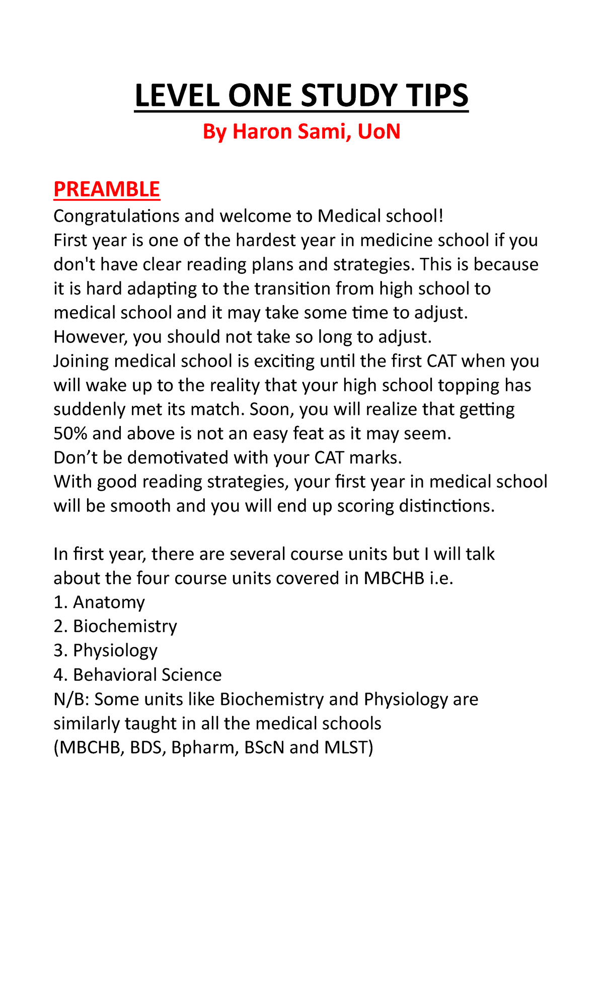 Level ONE Medical School Study Tips and Strategies by HSR - Studocu