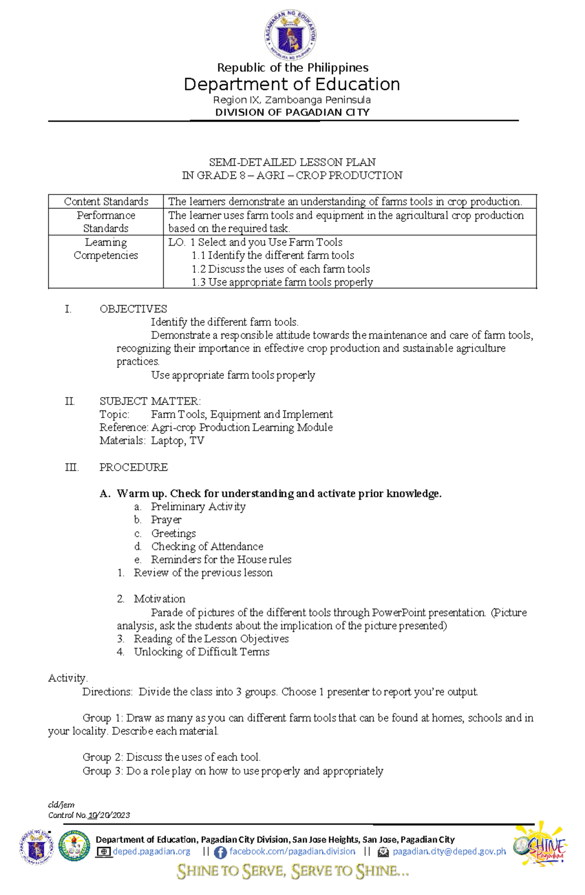 Semi-Detailed Lesson Plan in Grade 8 Agri-Crop Production - Studocu
