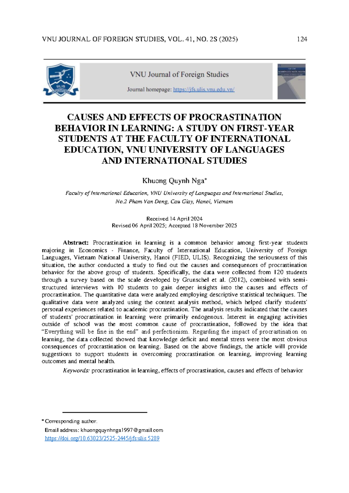 Causes and Effects of Procrastination in Learning: A Study on FIED ...