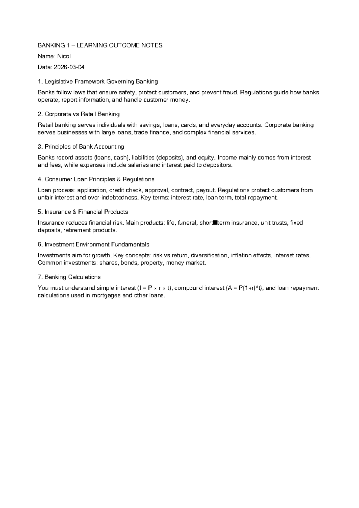 BANKING 1 LEARNING OUTCOMES: Key Concepts & Principles - Studocu