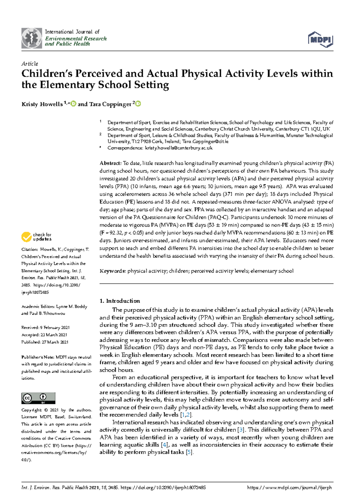 Perceived vs Actual Physical Activity Levels in Elementary Schools ...