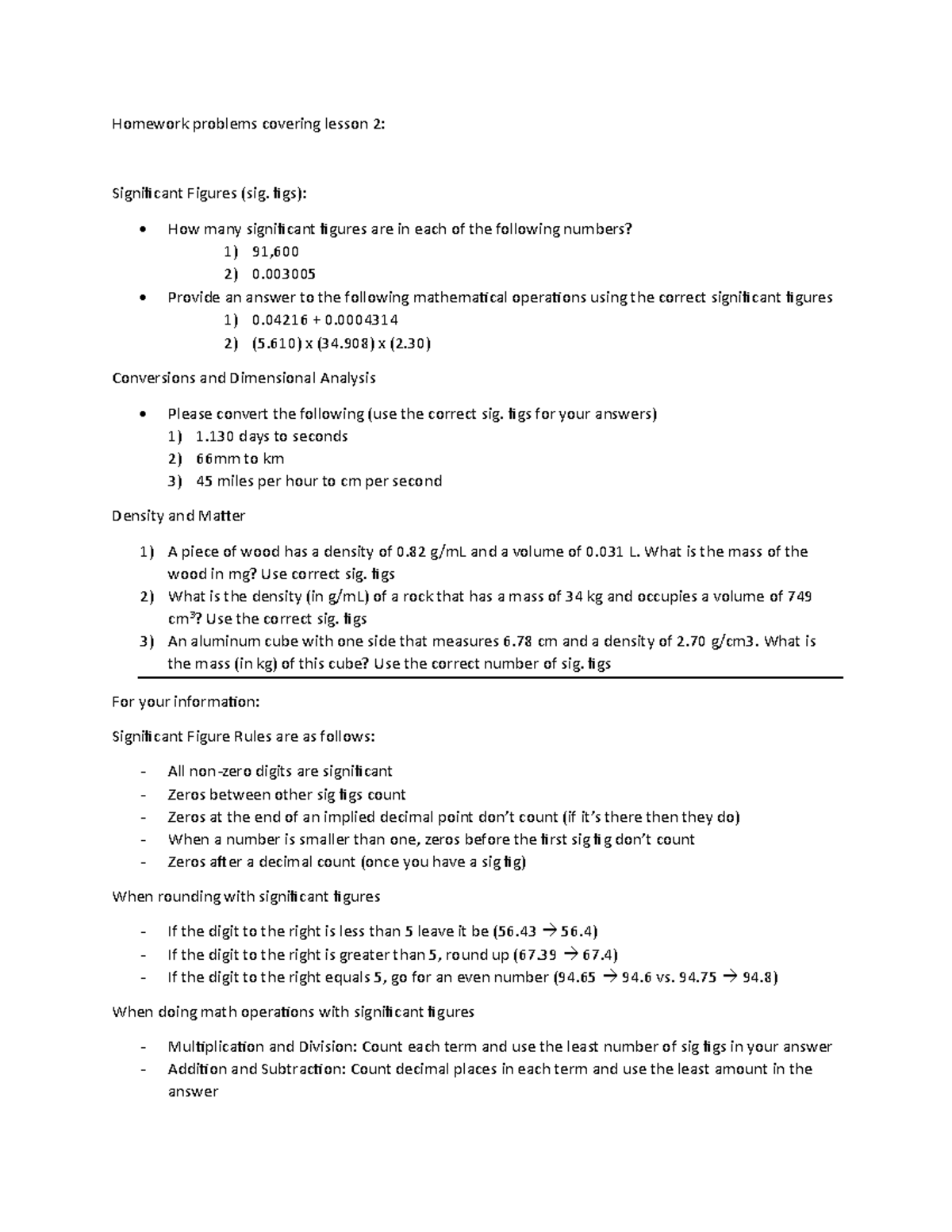 Homework Problems: Lesson 2 - Significant Figures & Conversions - Studocu