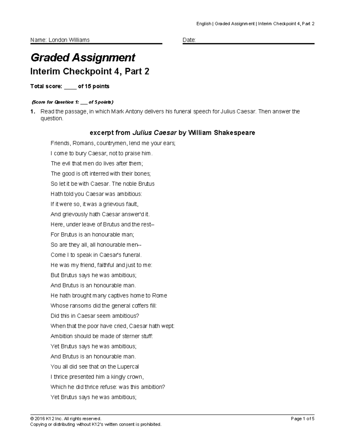 English 101 Interim Checkpoint 4, Part 2: Analysis of Julius Caesar and ...