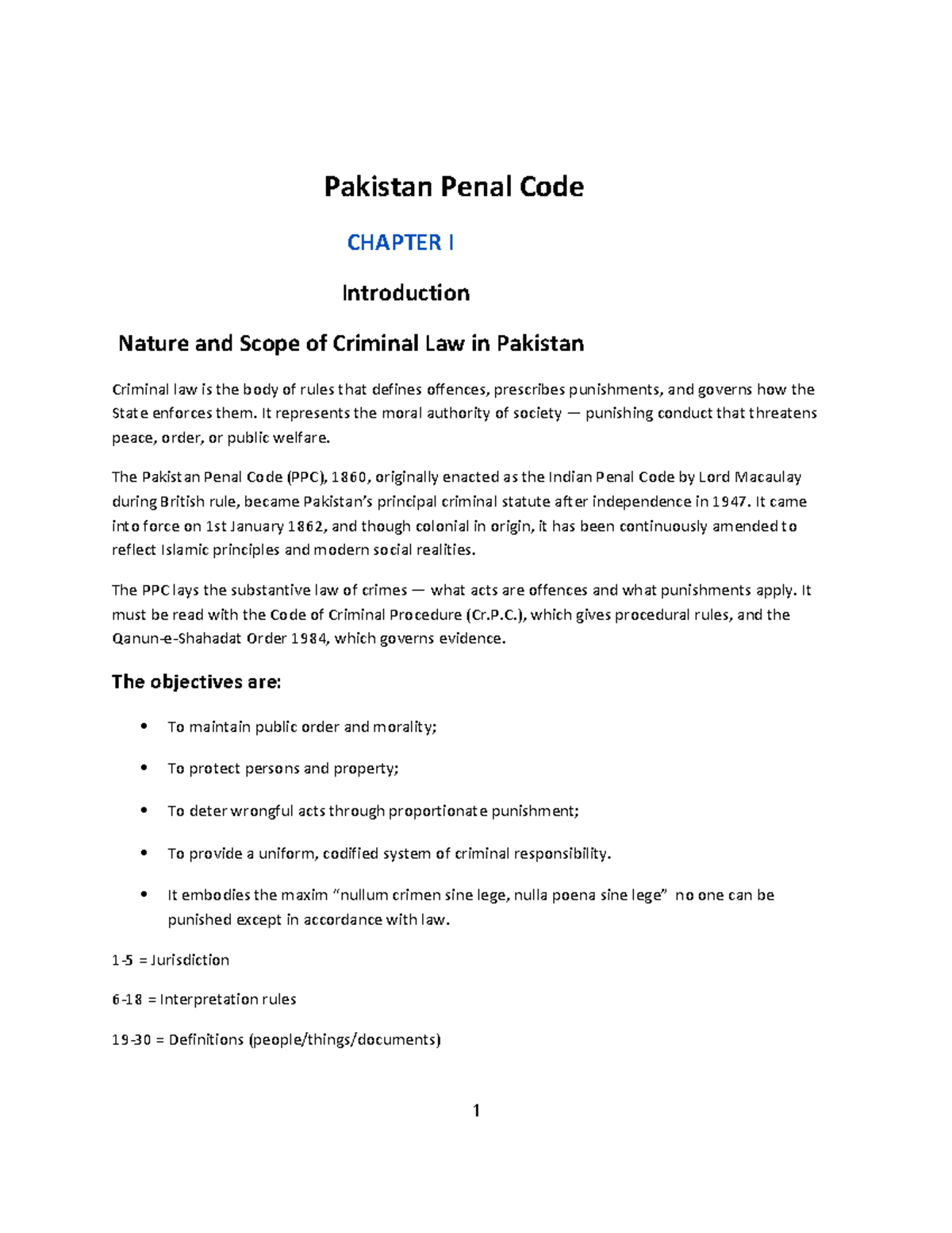 Pakistan Penal Code (PPC) CHAPTER I: Overview of Criminal Law in ...