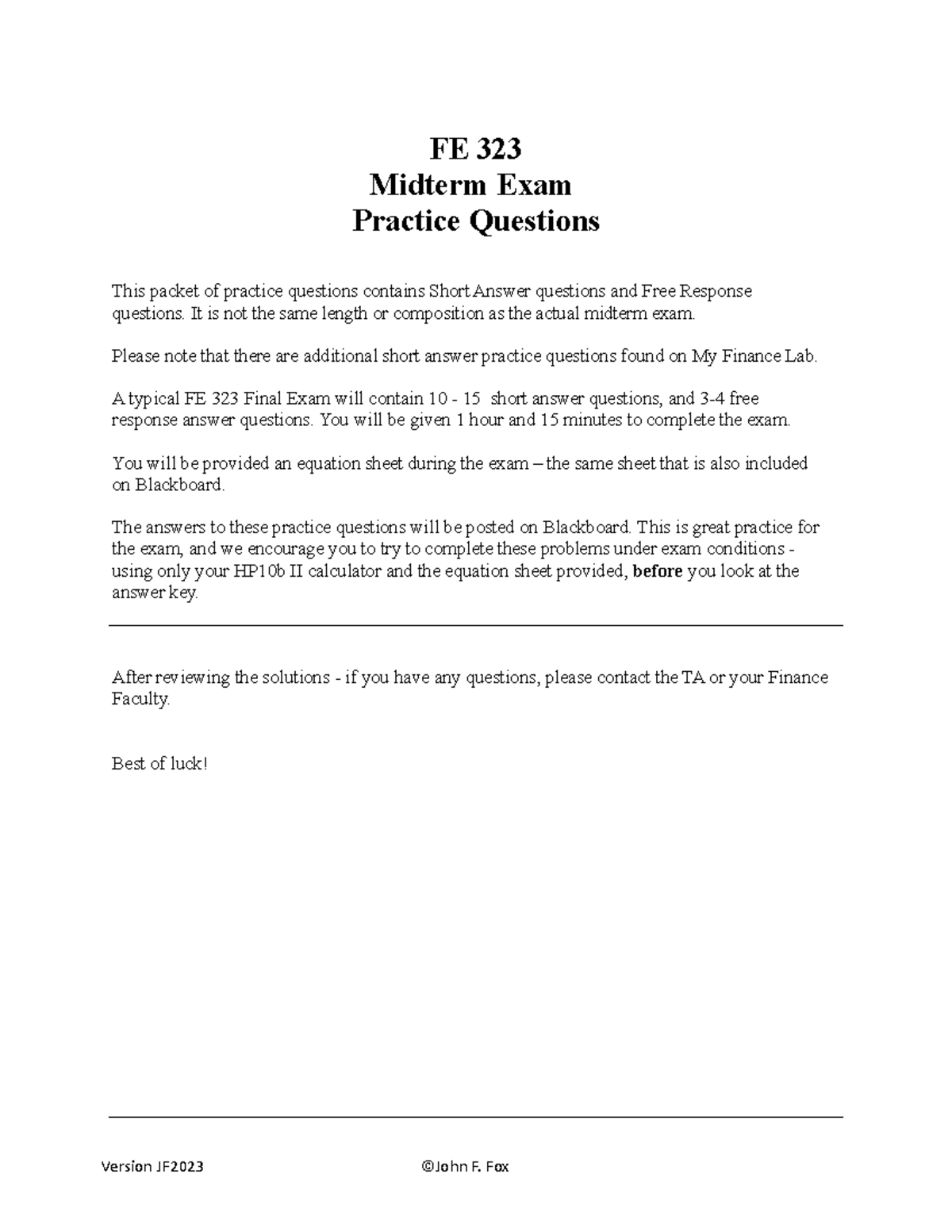 FE323 Midterm - Comprehensive Practice Questions for SP23 - Studocu
