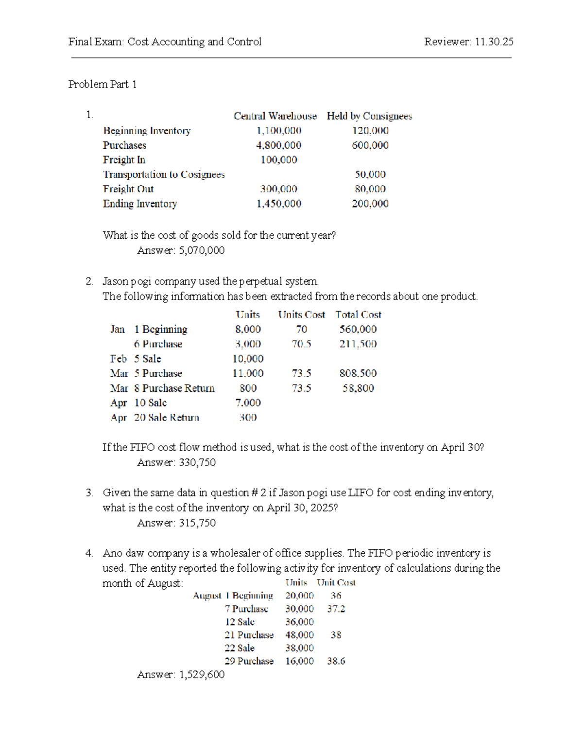 Final Exam: Cost Accounting and Control Review - 11.30.25 - Studocu