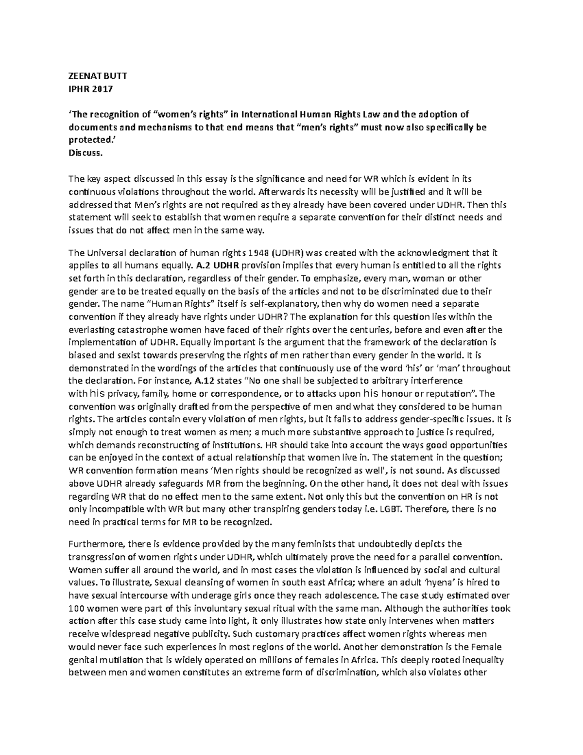 International protection of human rights- Women Rights Notes - ZEENAT ...